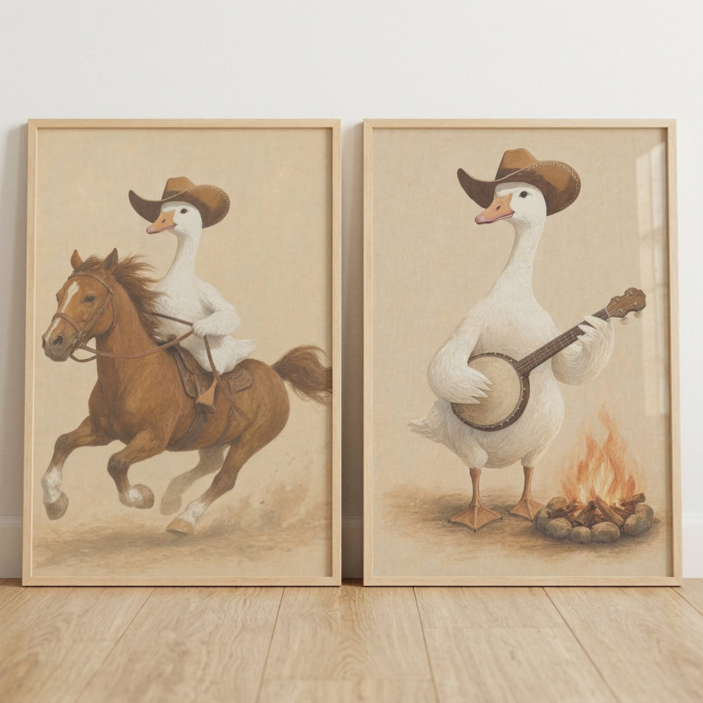 Vintage desert white goose artwork set of 2 with a goose in a cowboy hat riding a horse and playing banjo by a campfire.