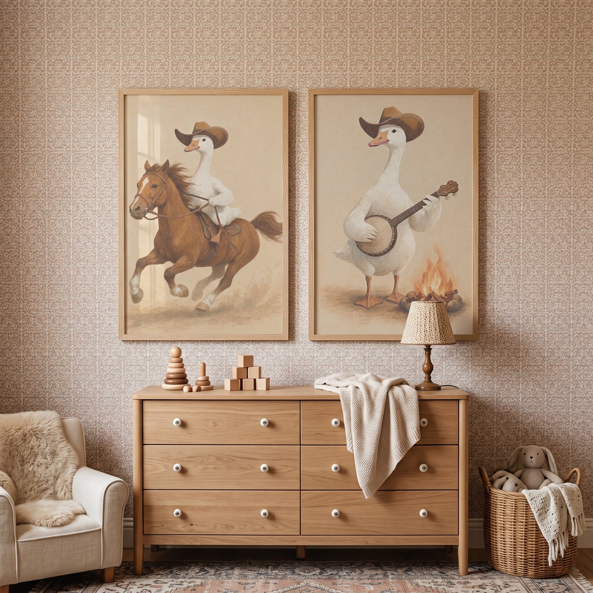 Vintage Desert White Goose Artwork Set of 2 - Cowboy Goose Journey