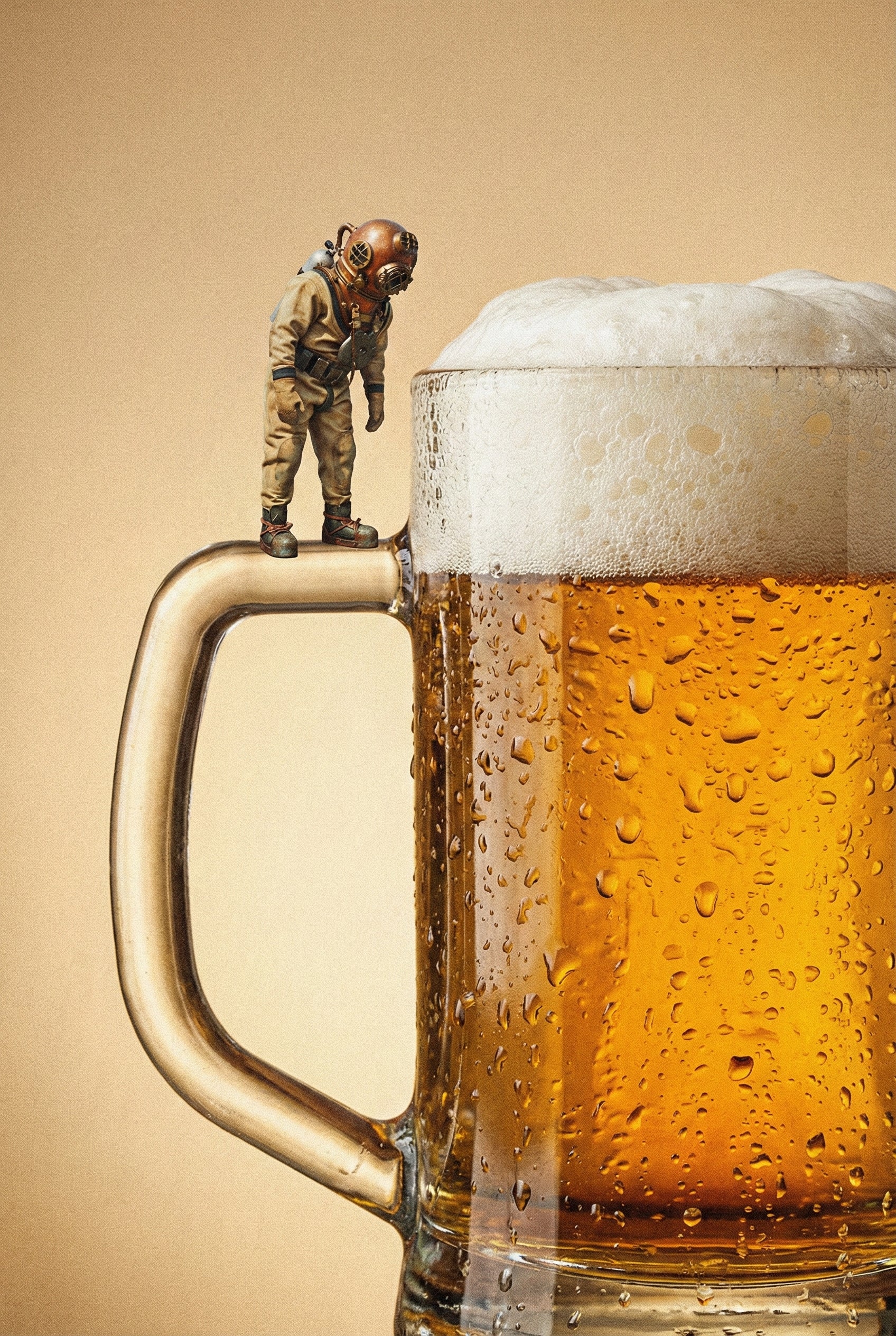 Top view of a latte with leaf shaped foam art as a tiny yellow jet ski cuts across the surface. The miniature rider creates a curved wake in the creamy foam near the rim of the cup.

