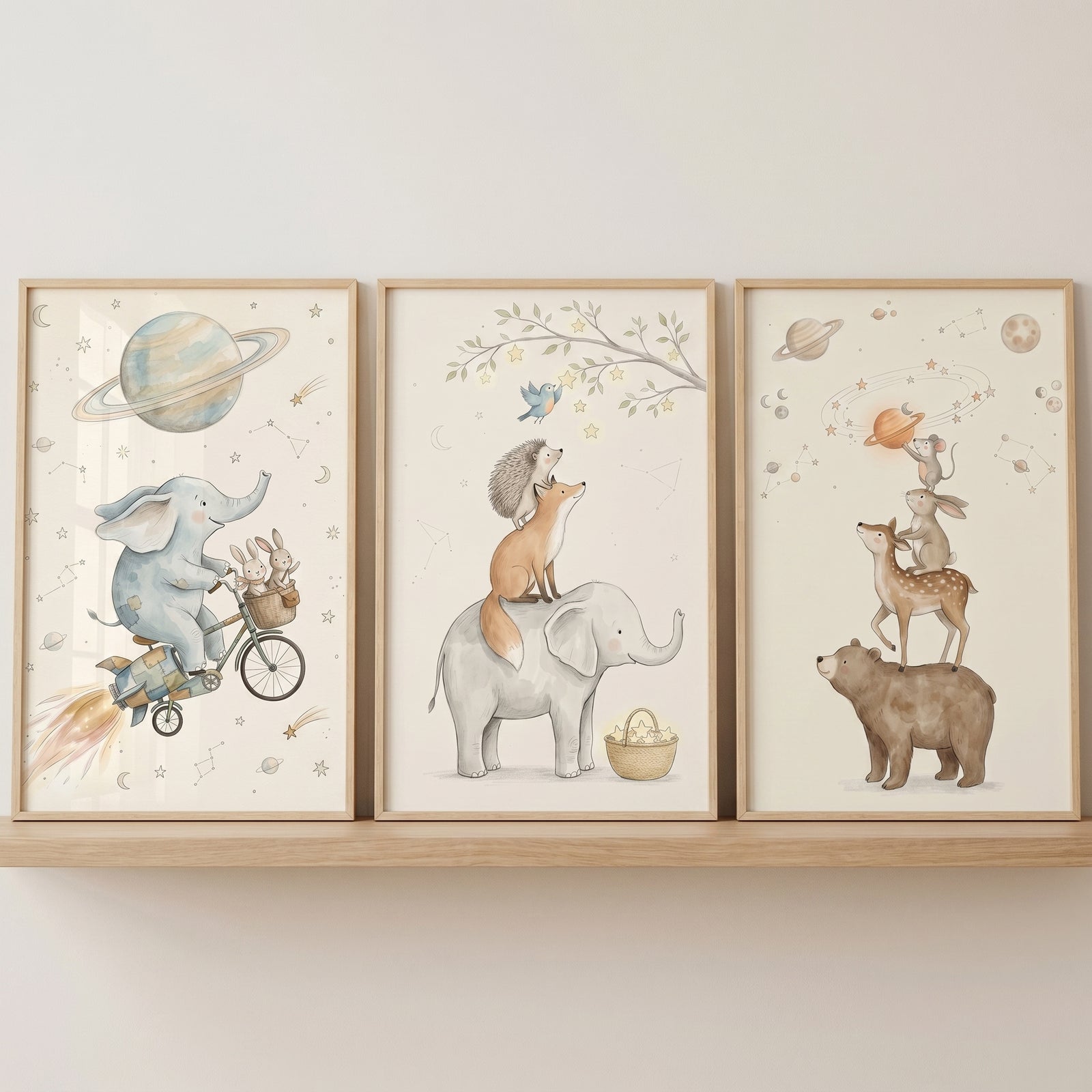 Vintage dreamy celestial animals wall art set of 3 with whimsical elephants, a fox, and a bear among planets and stars.