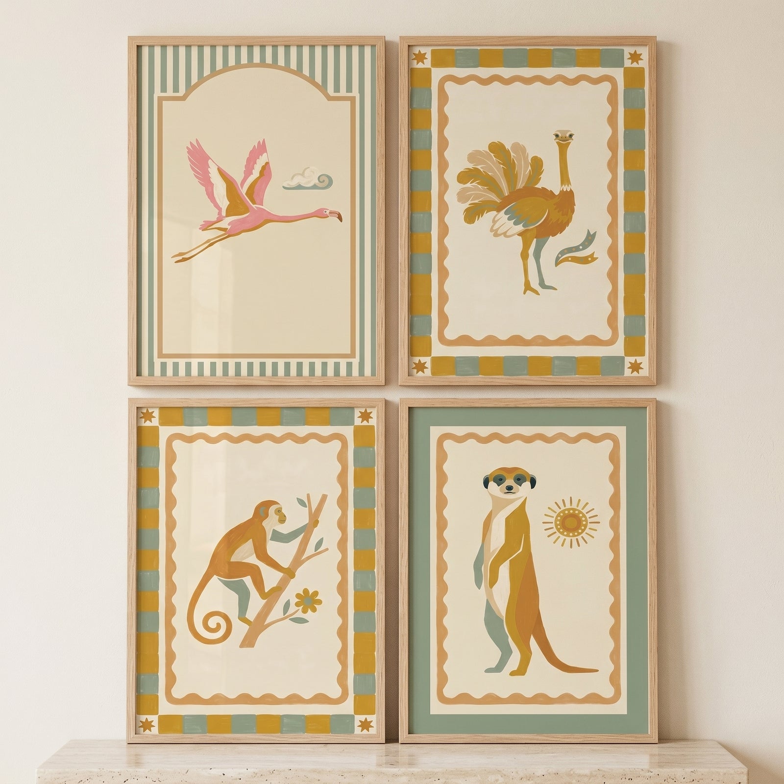 Vintage earthy safari animal wall art set of 4 featuring a flamingo, ostrich, monkey, and meerkat in wood frames.