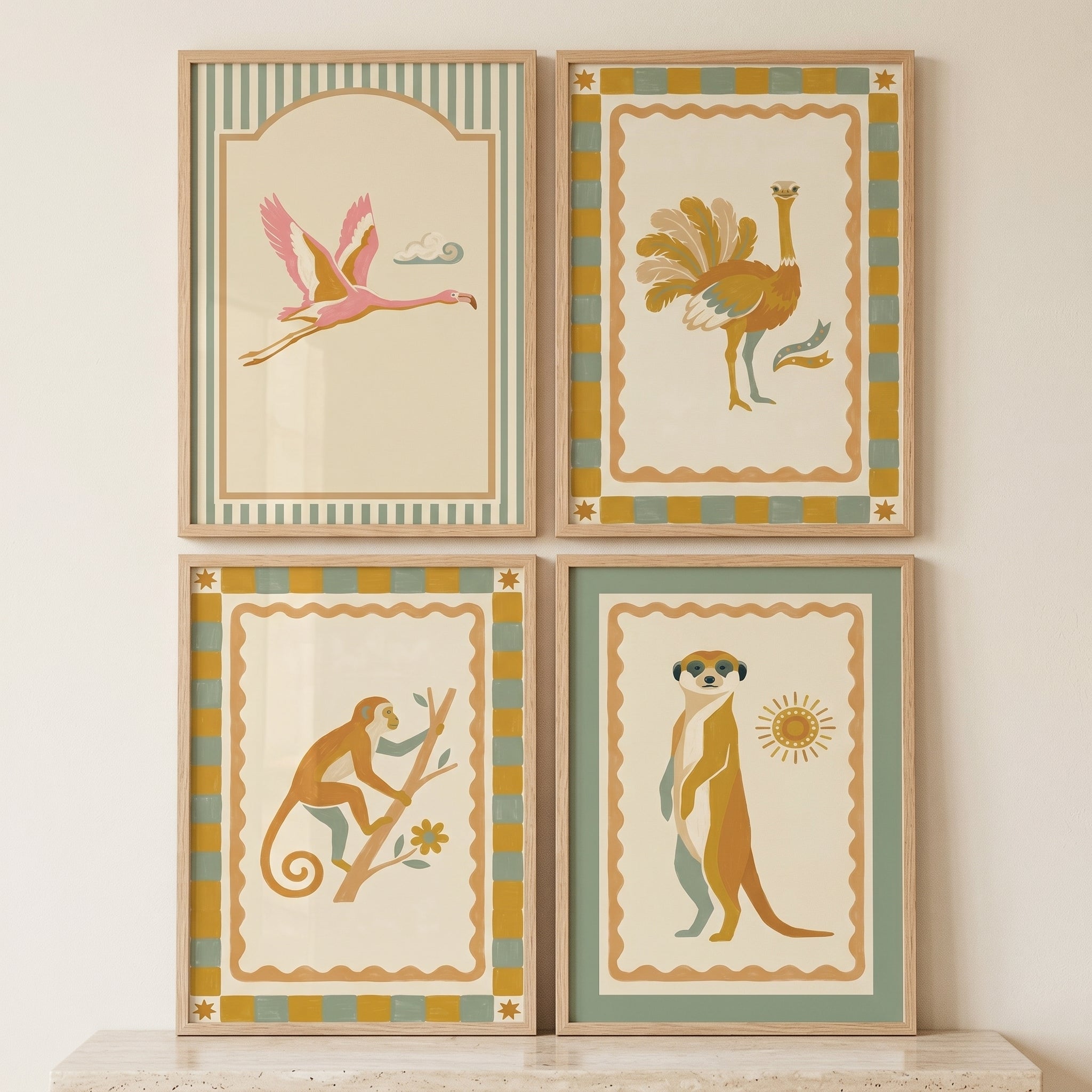 Vintage Earthy Safari Animal Wall Art Set of 4 - Whimsical Wild Animals