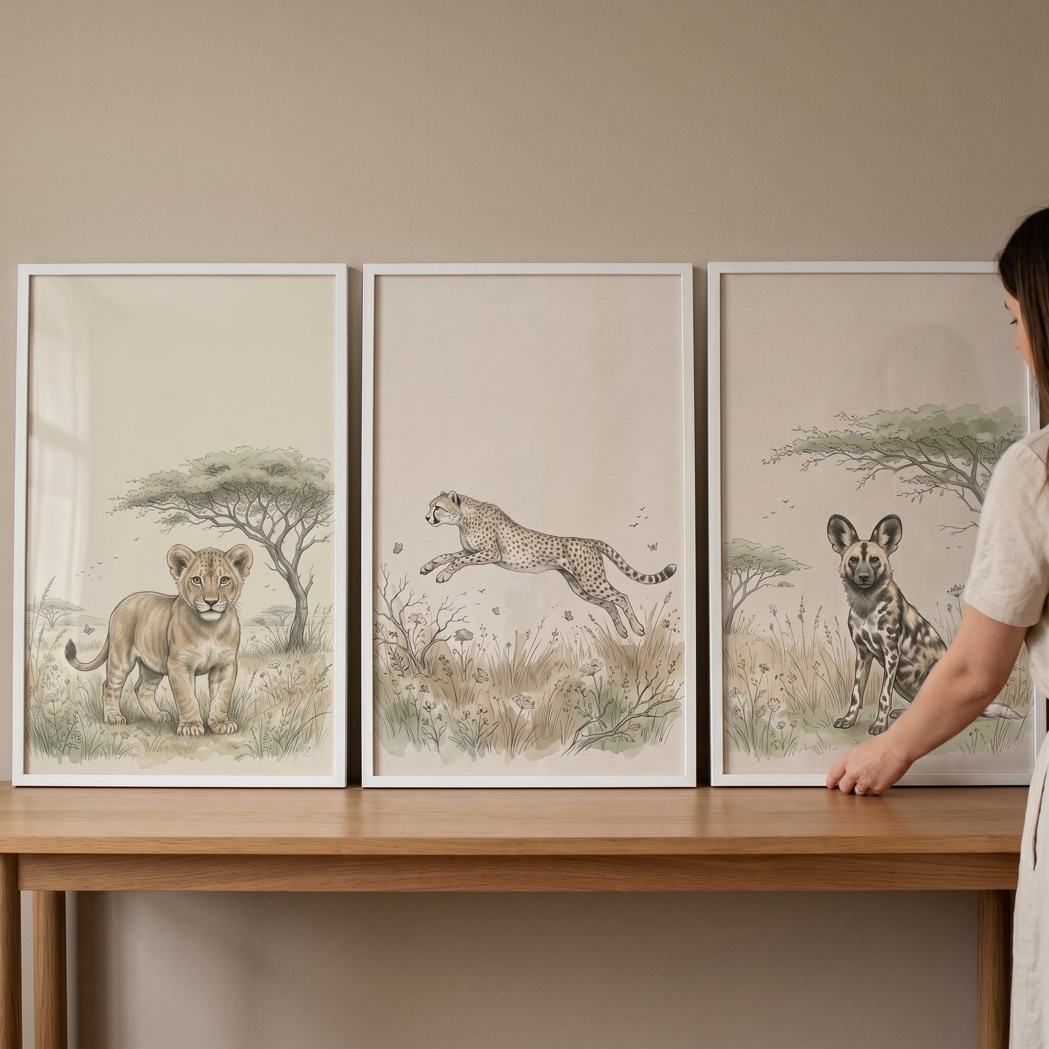 Vintage Earthy Savanna Animal Wall Art Set of 3 - Wild Safari Sketches
