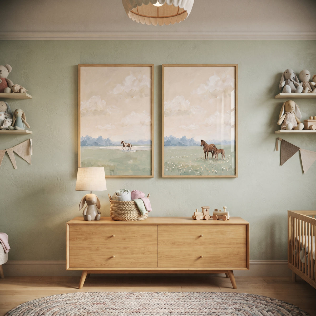 Vintage Equestrian Landscape Horse Wall Art Set of 2 - Soft Horizon Steeds