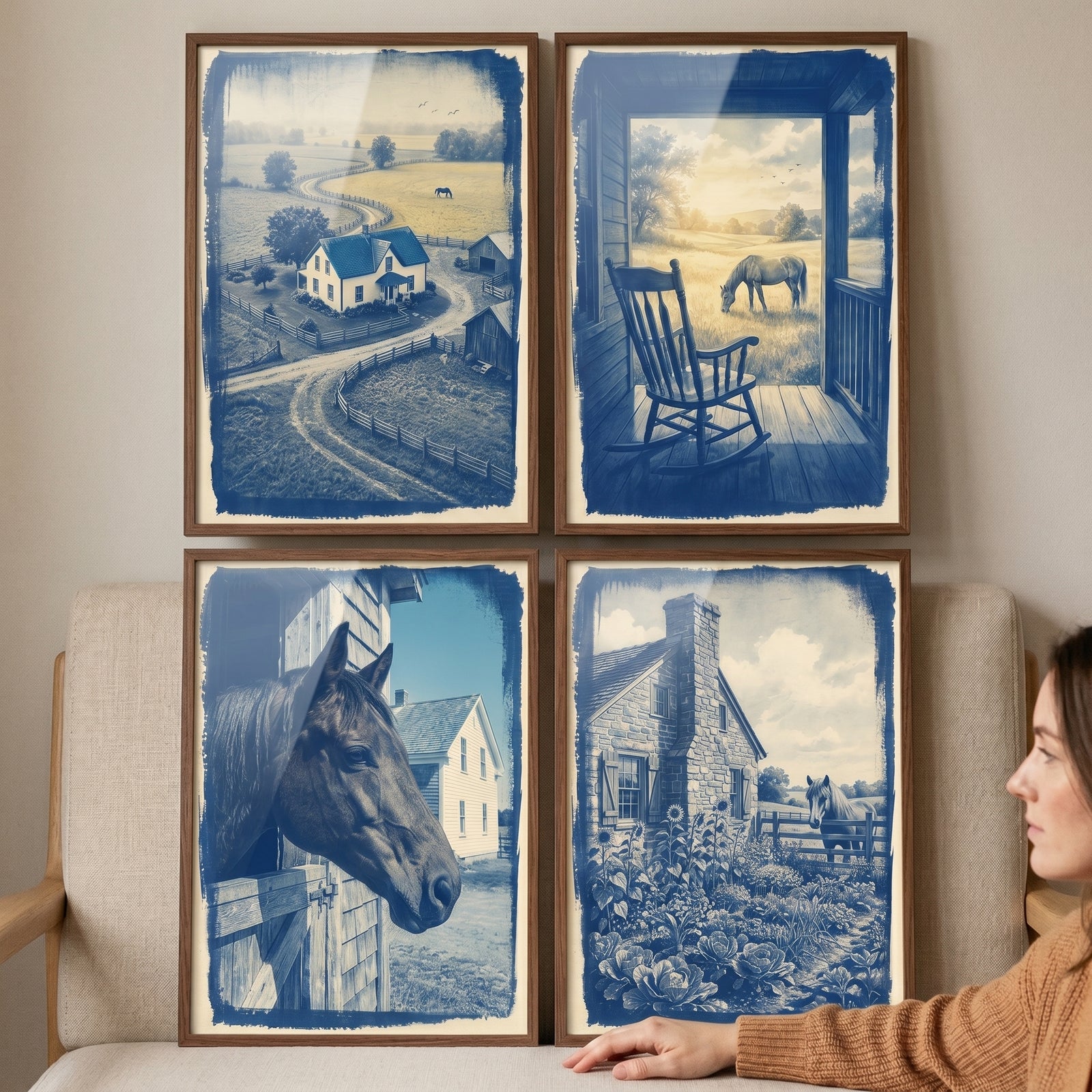 Vintage farmhouse blue horse wall art set of 4 depicting rural scenes and horses in monochromatic blue tones.