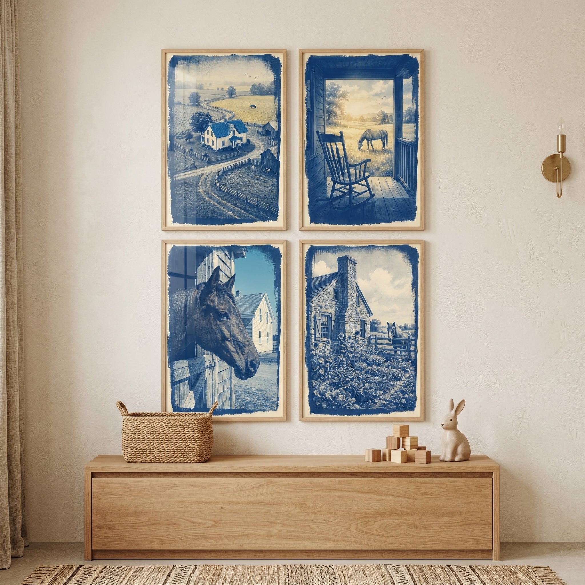 Vintage Farmhouse Blue Horse Wall Art Set of 4 - Rustic Farm Life