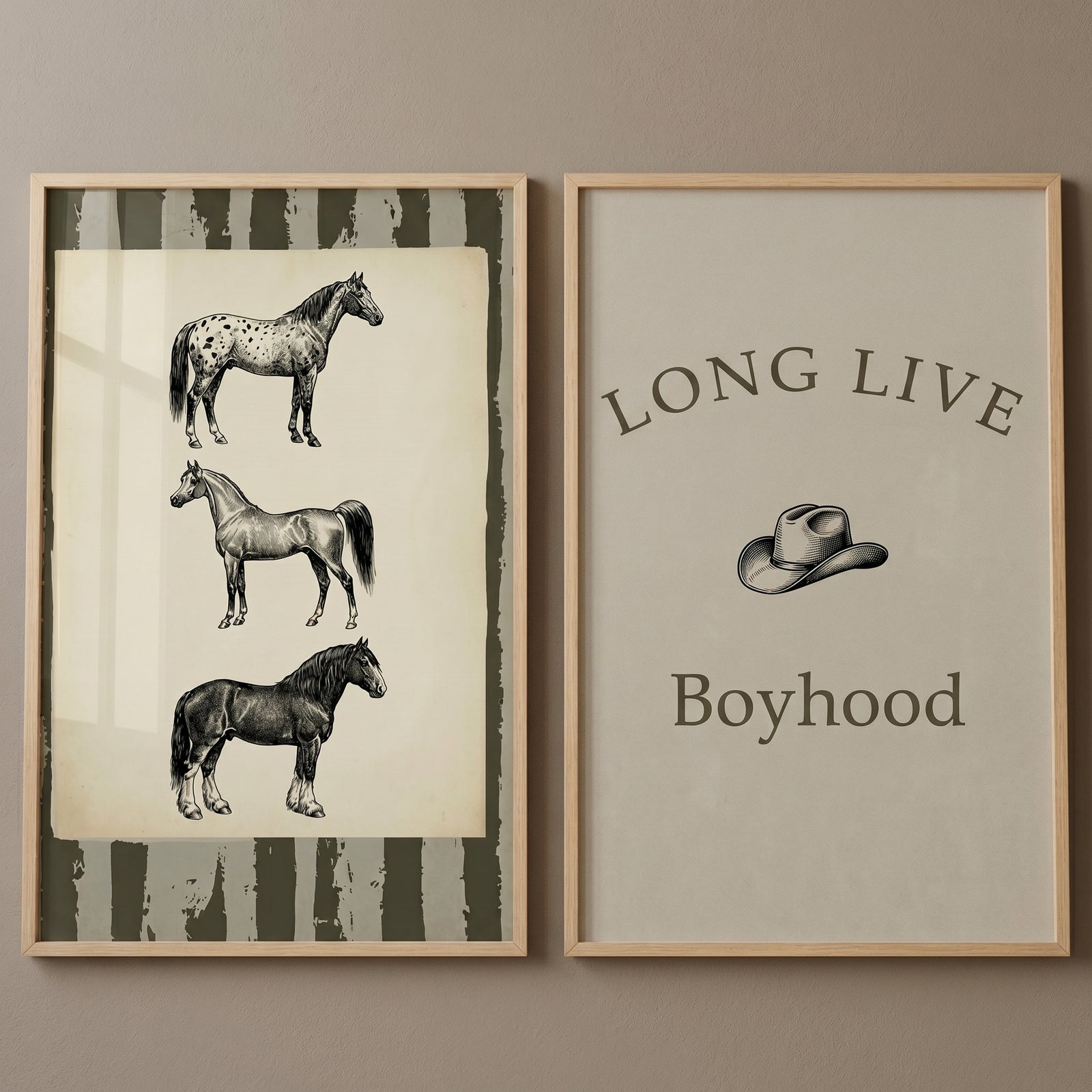 Vintage farmhouse western horse wall art set of 2 with three horse sketches and cowboy hat typography in wood frames.