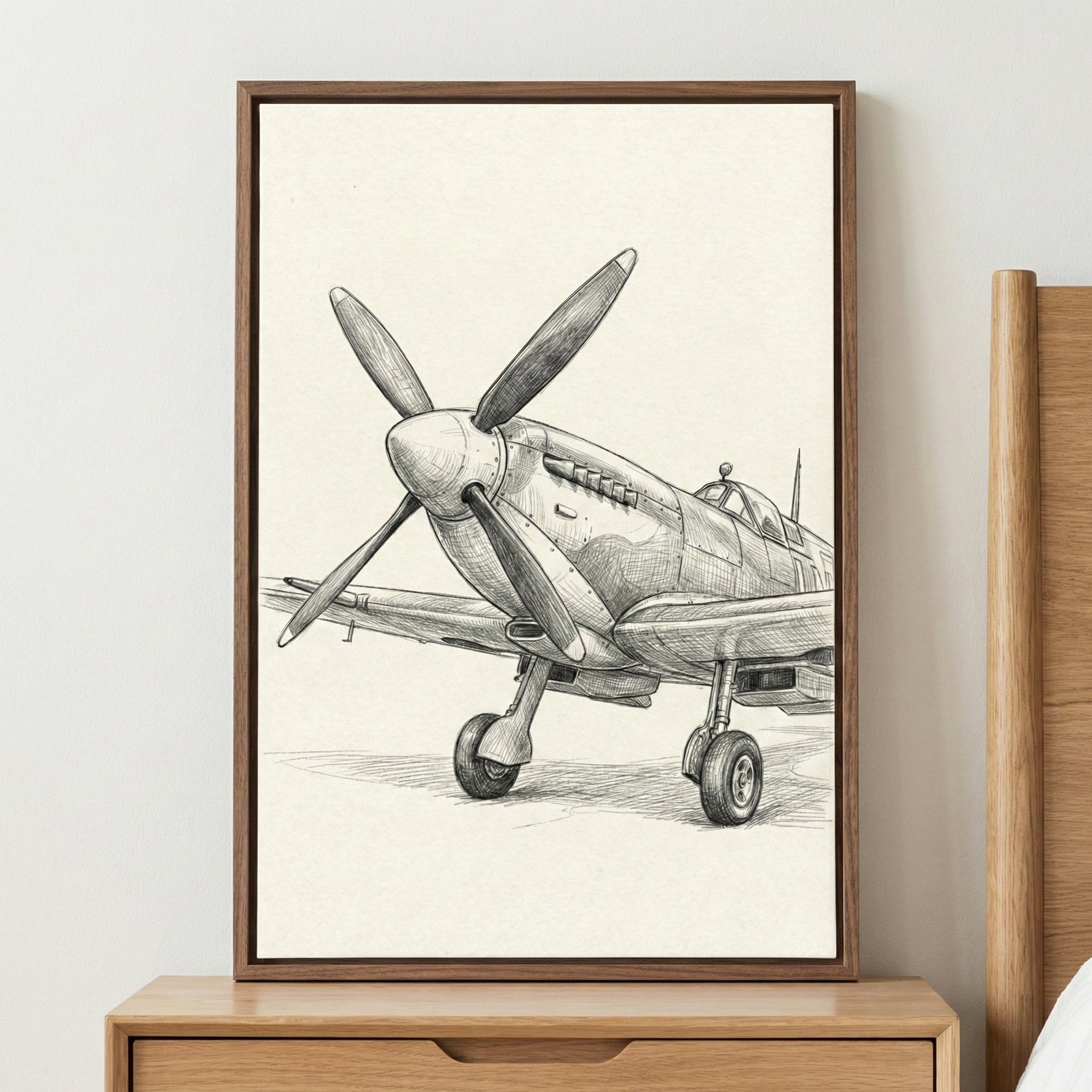 A detailed pencil sketch of a classic propeller-driven fighter aircraft from a low-angle perspective. The artwork, featured on textured off-white paper, is presented in a thin brown wooden frame resting on a light wood bedside table against a neutral-colored wall.
