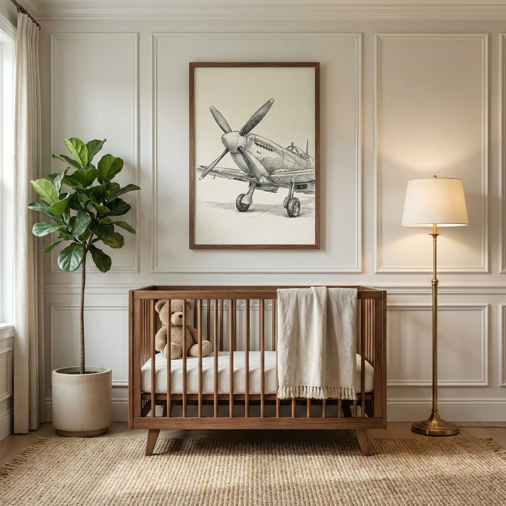 A serene nursery featuring a mid-century modern wooden crib centered against an off-white wall with decorative molding. Above the crib, there is a large framed sketch of a vintage propeller airplane. To the left stands a tall leafy green plant in a light-colored pot, and to the right is a slender brass floor lamp with a white lampshade. Inside the crib are a brown plush teddy bear and a cream-colored tasseled blanket. A textured natural fiber rug covers the floor.