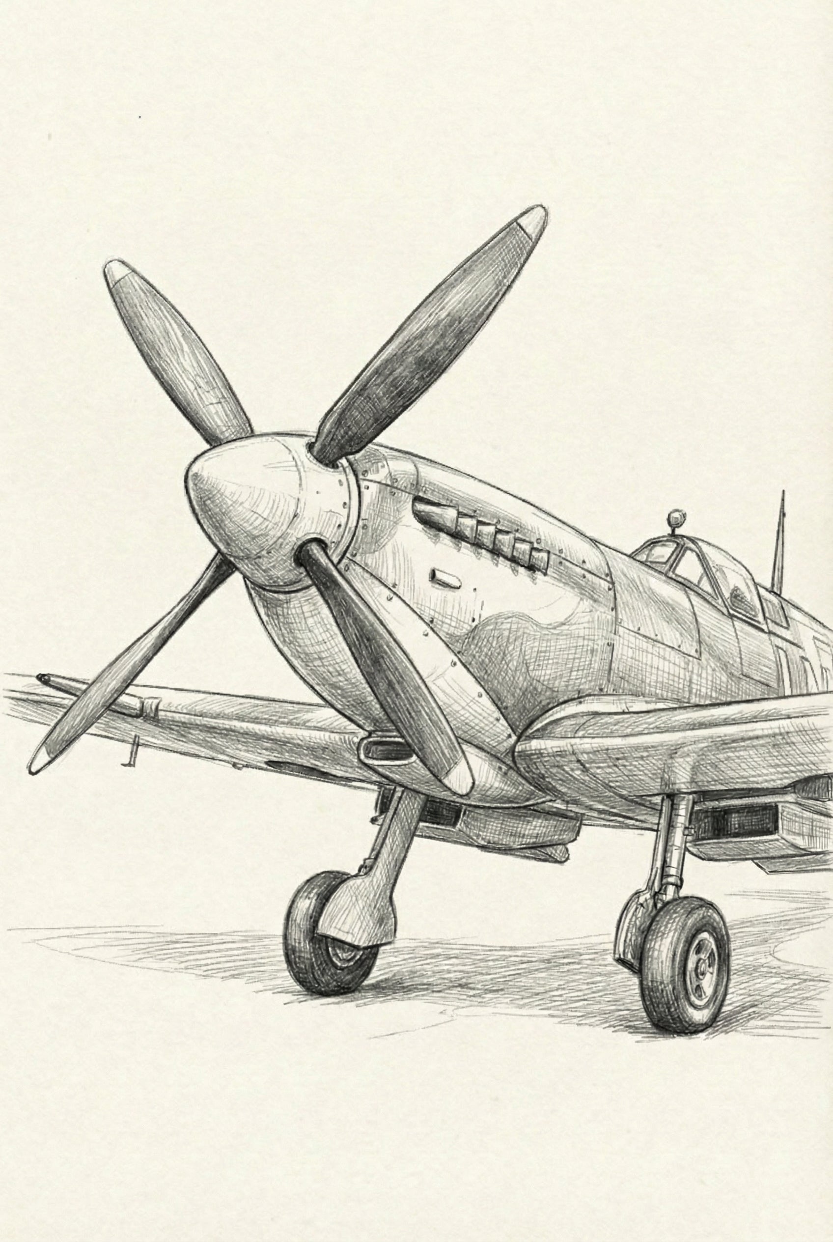 Pencil illustration of a vintage propeller airplane parked on a runway, with detailed shading on its fuselage and landing gear.