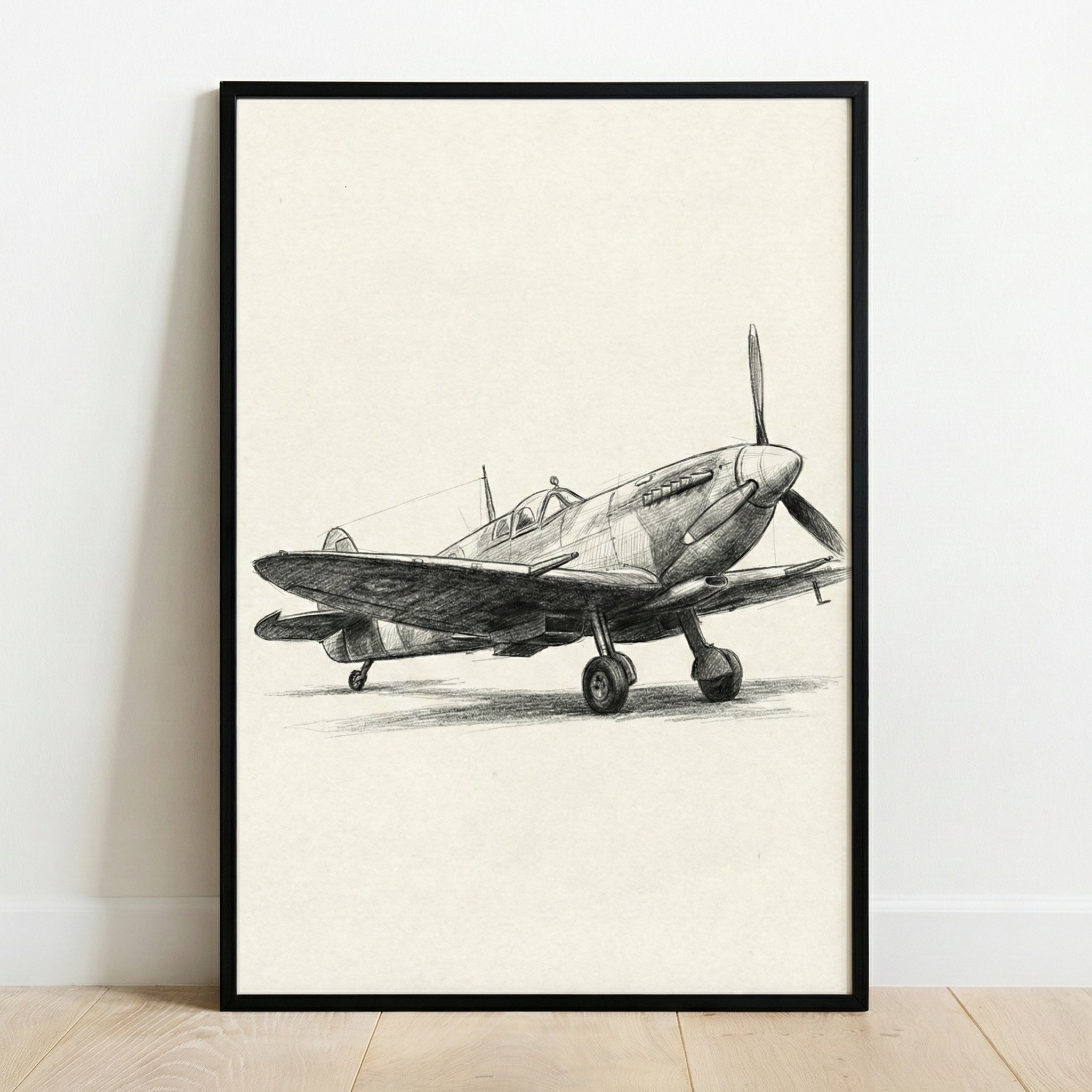 A detailed pencil sketch of a vintage propeller airplane, displayed in a slim black frame leaning against a white wall on a light-colored wooden floor. The artwork features a front three-quarter view of the aircraft with realistic shading, charcoal-like textures, and fine line work on an off-white paper background.