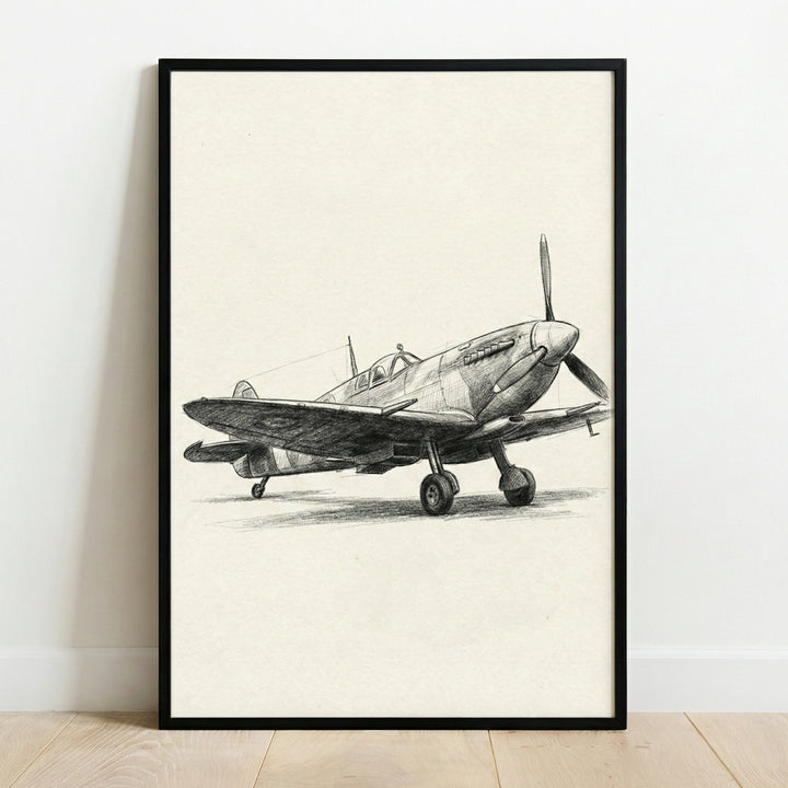 A detailed pencil sketch of a vintage propeller airplane, displayed in a slim black frame leaning against a white wall on a light-colored wooden floor. The artwork features a front three-quarter view of the aircraft with realistic shading, charcoal-like textures, and fine line work on an off-white paper background.