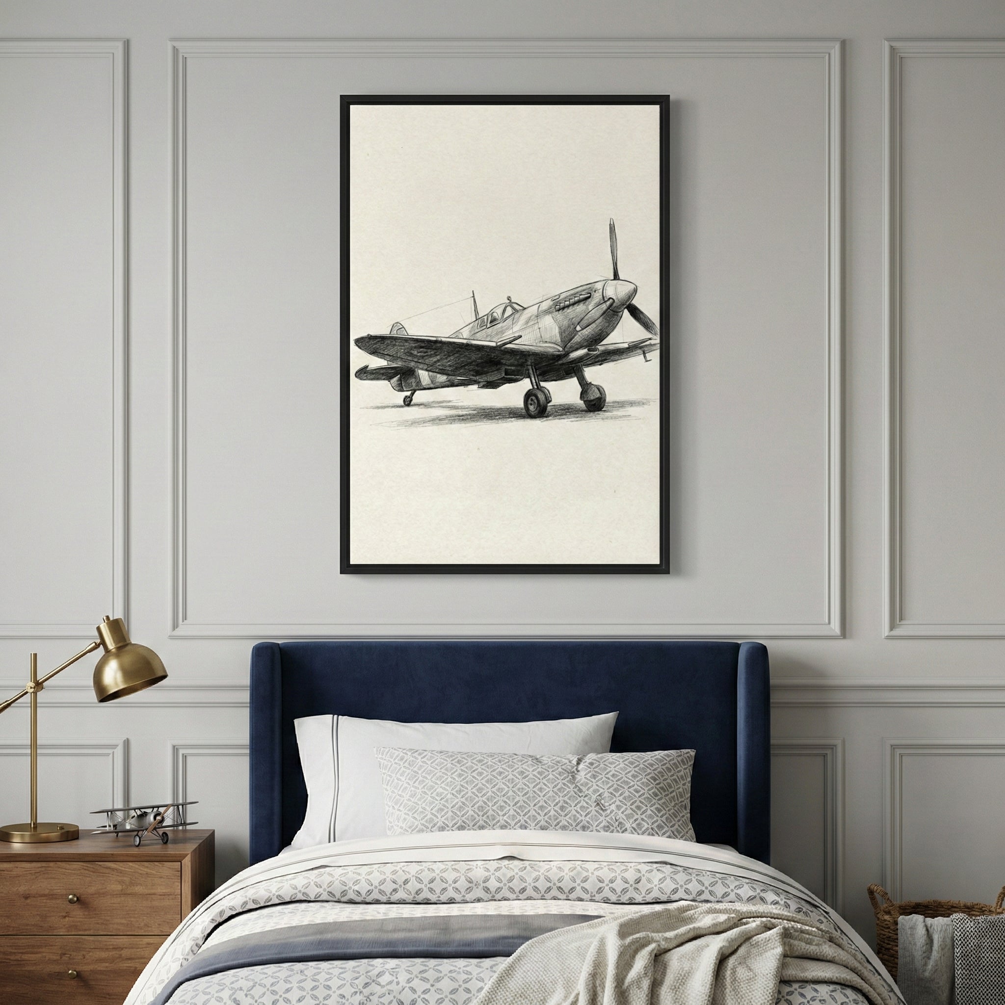 A framed black and grey sketch of a vintage propeller airplane hangs on a light gray wall with decorative paneling. Below the artwork is a bed with a dark blue velvet headboard and neutral-toned bedding. To the left, a wooden bedside table holds a brass-toned lamp and a small metal model of an airplane.