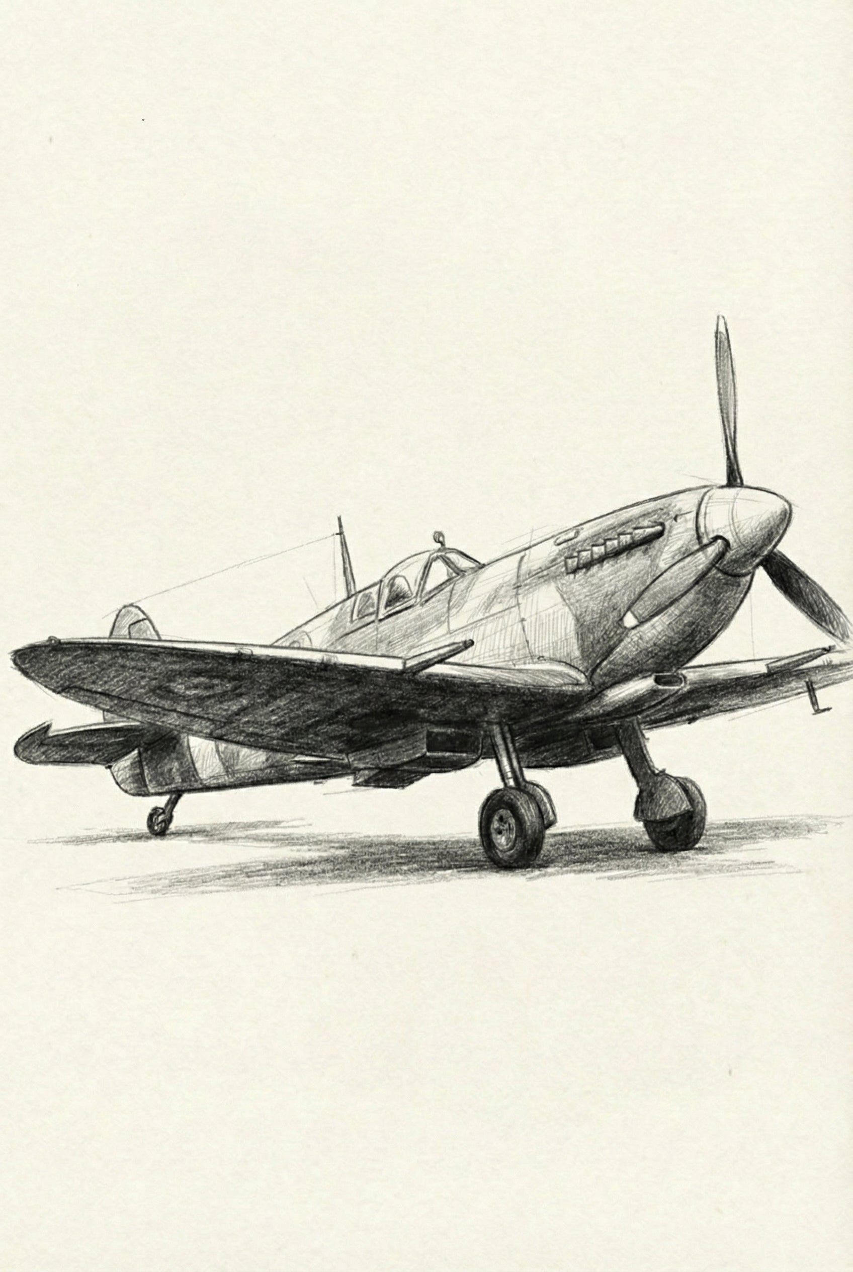 Side-view pencil drawing of a WWII-era fighter plane resting on a runway, showcasing the aircraft’s iconic curved wings and tail design.