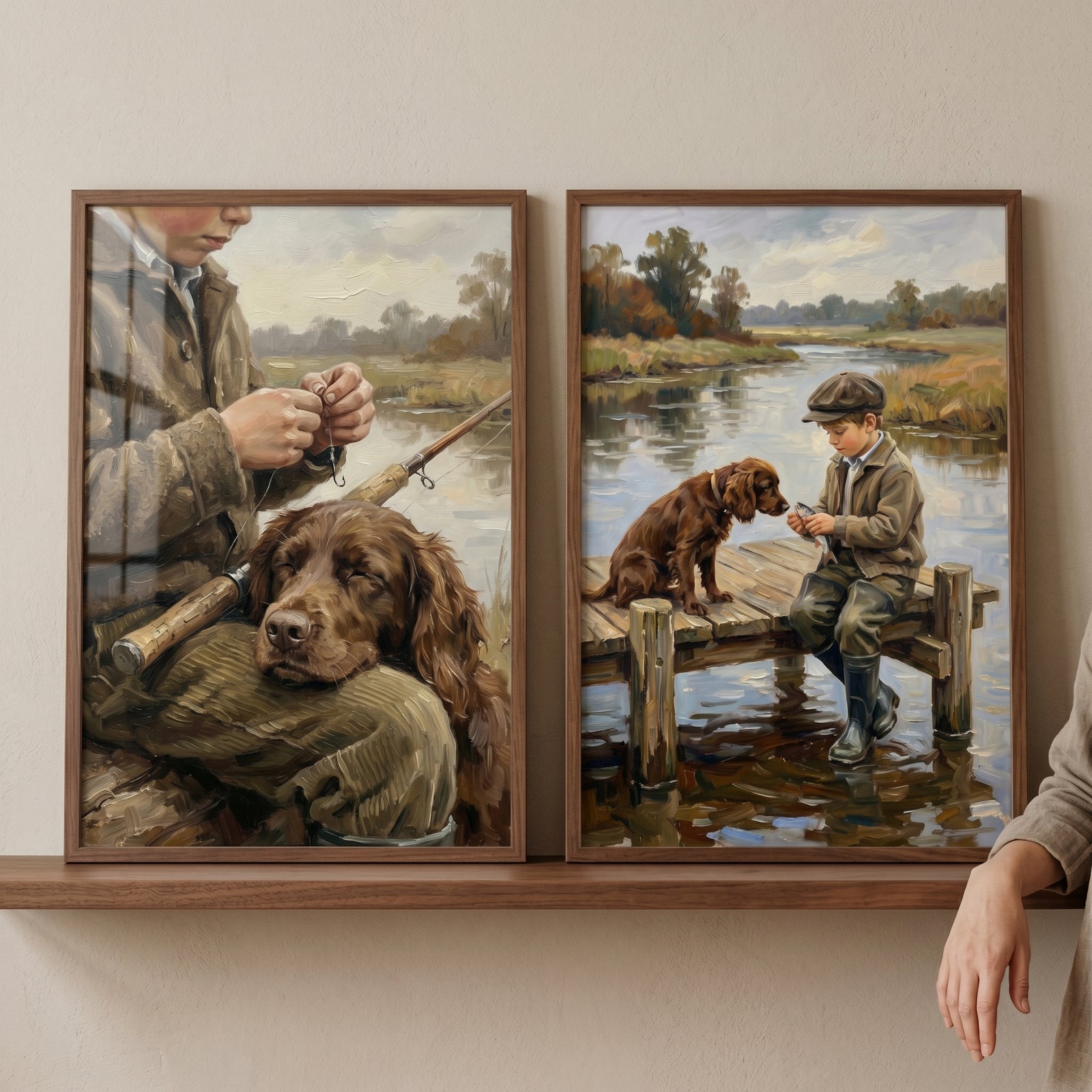 Vintage fishing boy dog wall art set of 2 depicting a boy and his dog by the water and on a wooden pier.