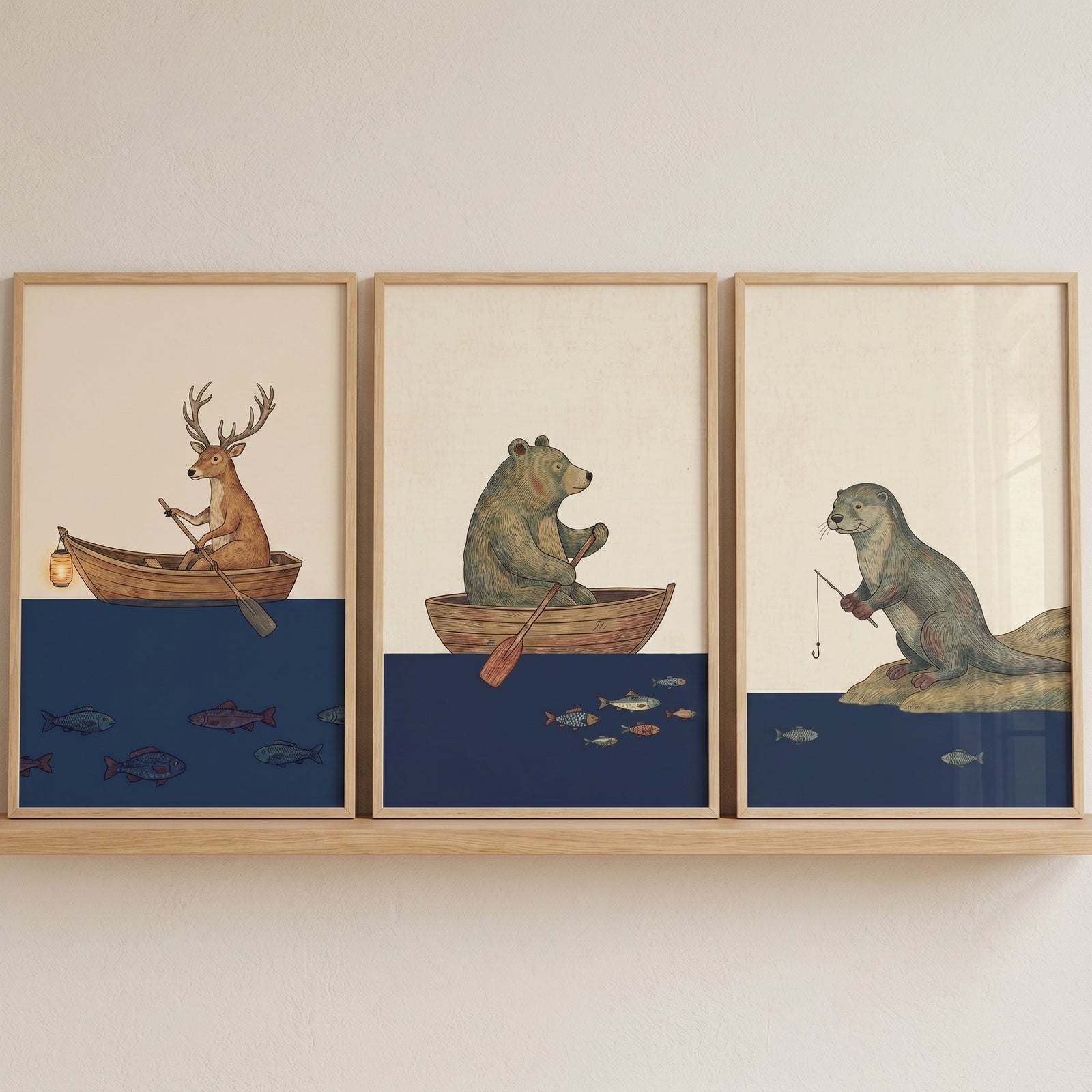 Vintage fishing woodland animals wall art set of 3 with a deer in a boat, bear rowing, and otter fishing on blue water.