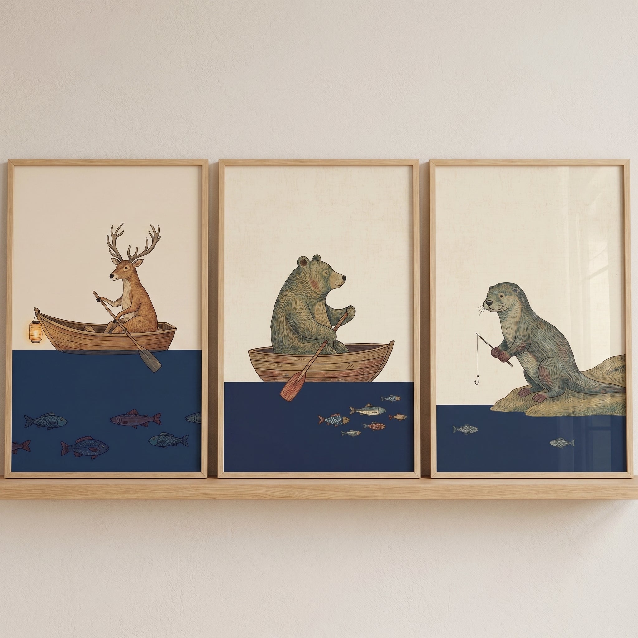 Vintage Fishing Woodland Animals Wall Art Set of 3 - Whimsical Forest Sailors