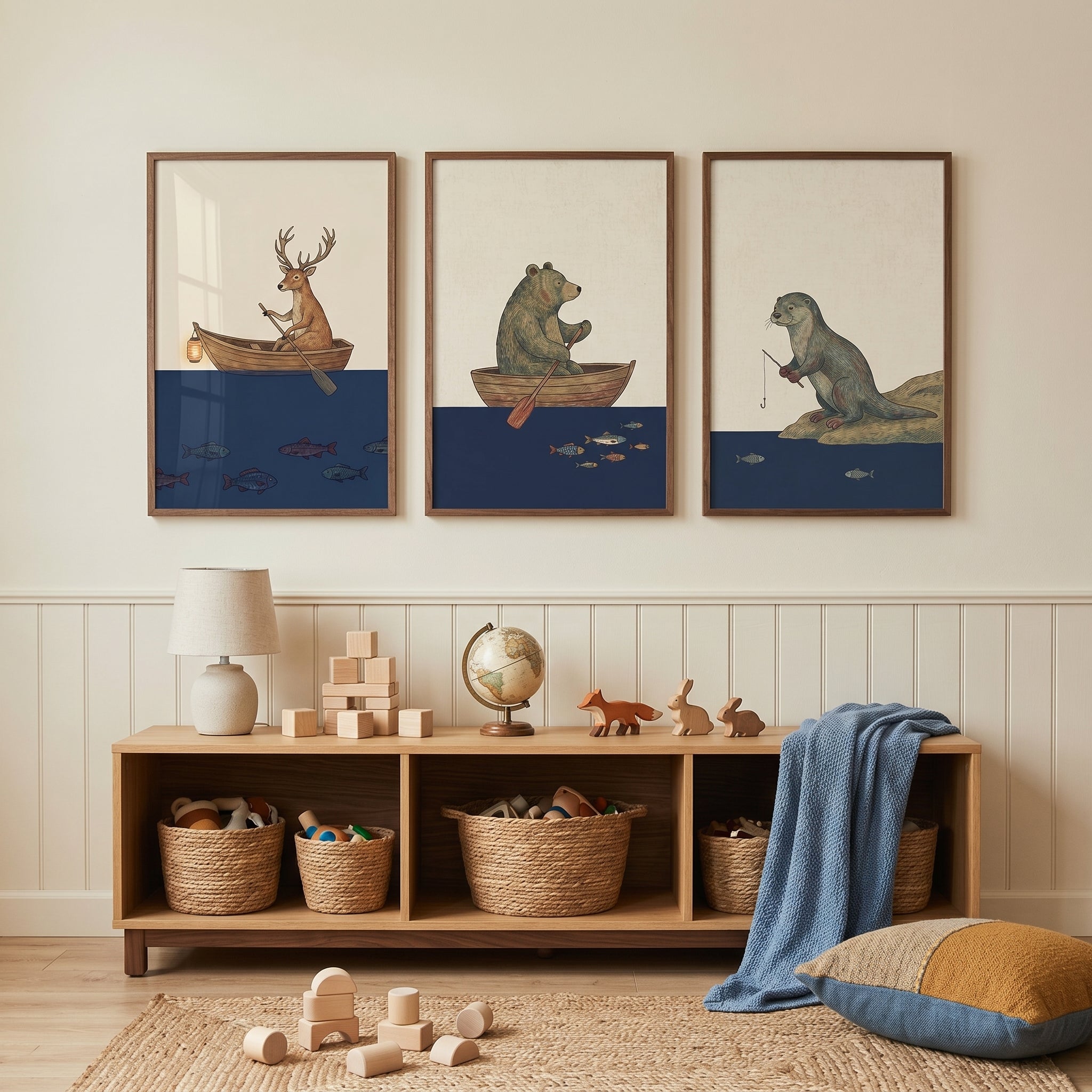 Vintage Fishing Woodland Animals Wall Art Set of 3 - Whimsical Forest Sailors