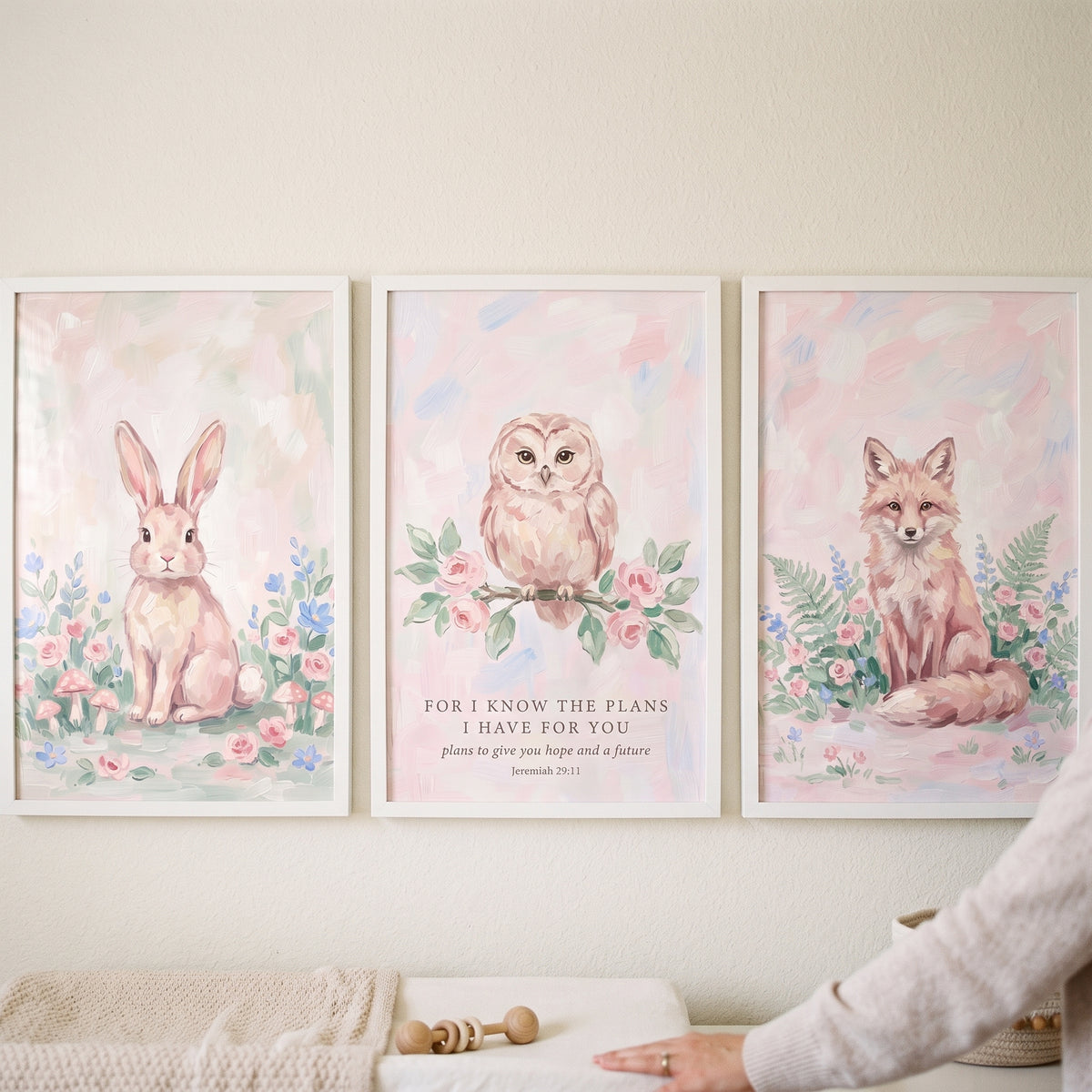Vintage floral forest animals print set of 3 featuring rabbit, owl with a bible verse, and fox in soft watercolor art.