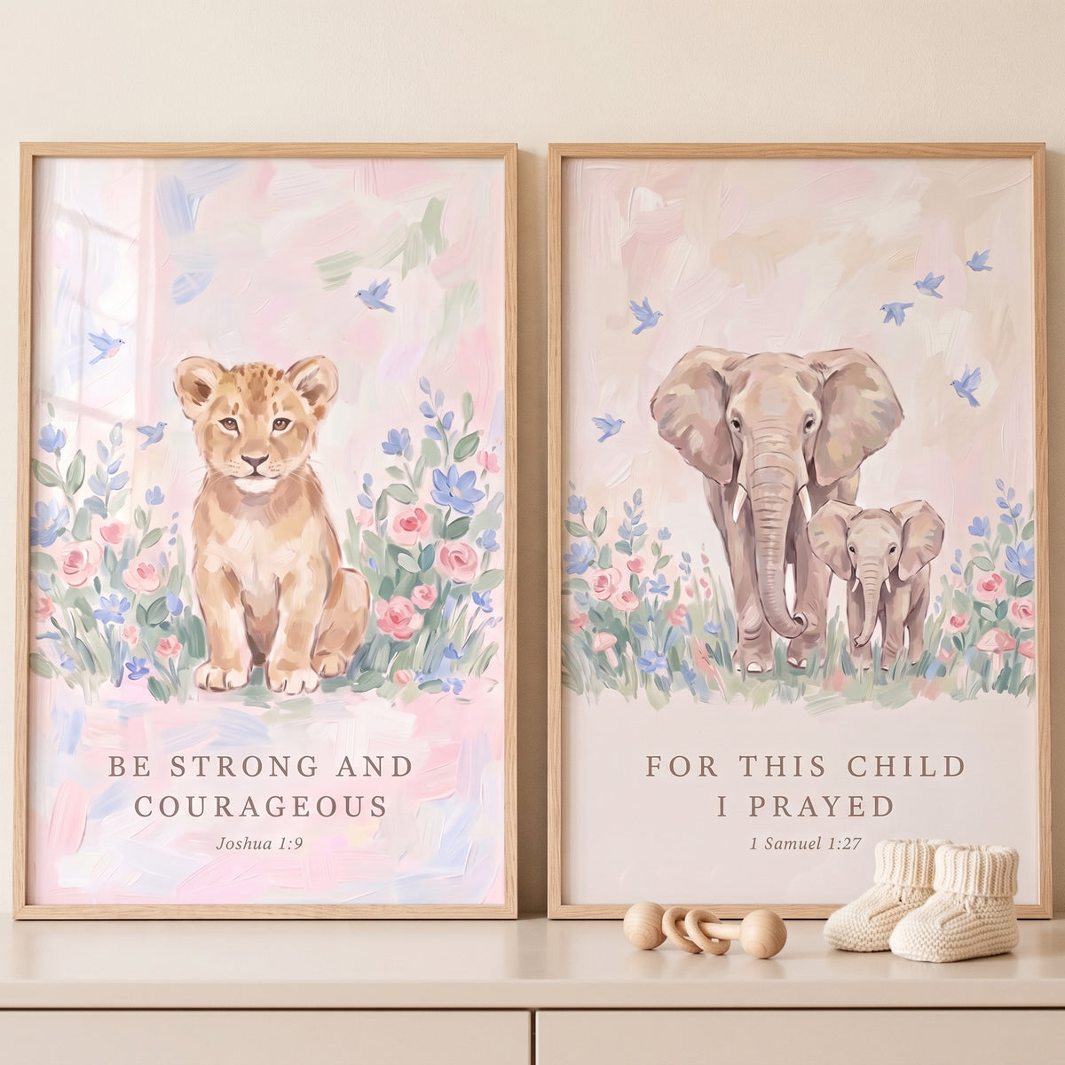Vintage floral safari animals wall art set of 2 with a lion cub and elephants featuring bible verses in watercolor tones.