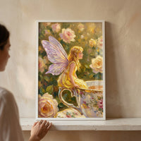 An impressionistic artwork is displayed in a simple white frame, resting on a clean white shelf. The piece features a small, delicate fairy with translucent, purple-tinted wings sitting gracefully on the rim of an oversized teacup. The fairy has long, golden-blonde hair and is dressed in a soft yellow gown. 