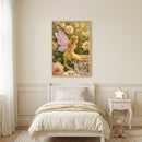 A framed piece of wall art hanging in a serene, neutral-toned child's bedroom. The artwork depicts a whimsical scene in a textured, impressionistic style with visible brushstrokes: a tiny fairy with long golden hair and delicate, iridescent lavender wings, dressed in a simple yellow garment, sits perched on the handle of a large, vintage-style teacup decorated with floral patterns. 