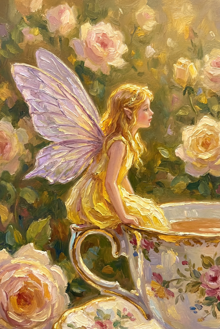 A fairy with lavender wings sits on the rim of a large teacup decorated with floral patterns. She wears a yellow dress and looks to the side while surrounded by softly painted roses. The brushwork gives the scene a warm and textured storybook feel.


