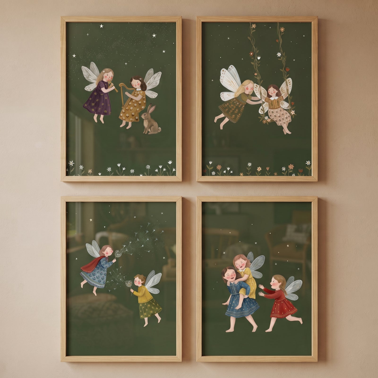 Vintage folk forest fairies artwork set of 4 depicts whimsical winged girls playing in a dark green woodland scene.