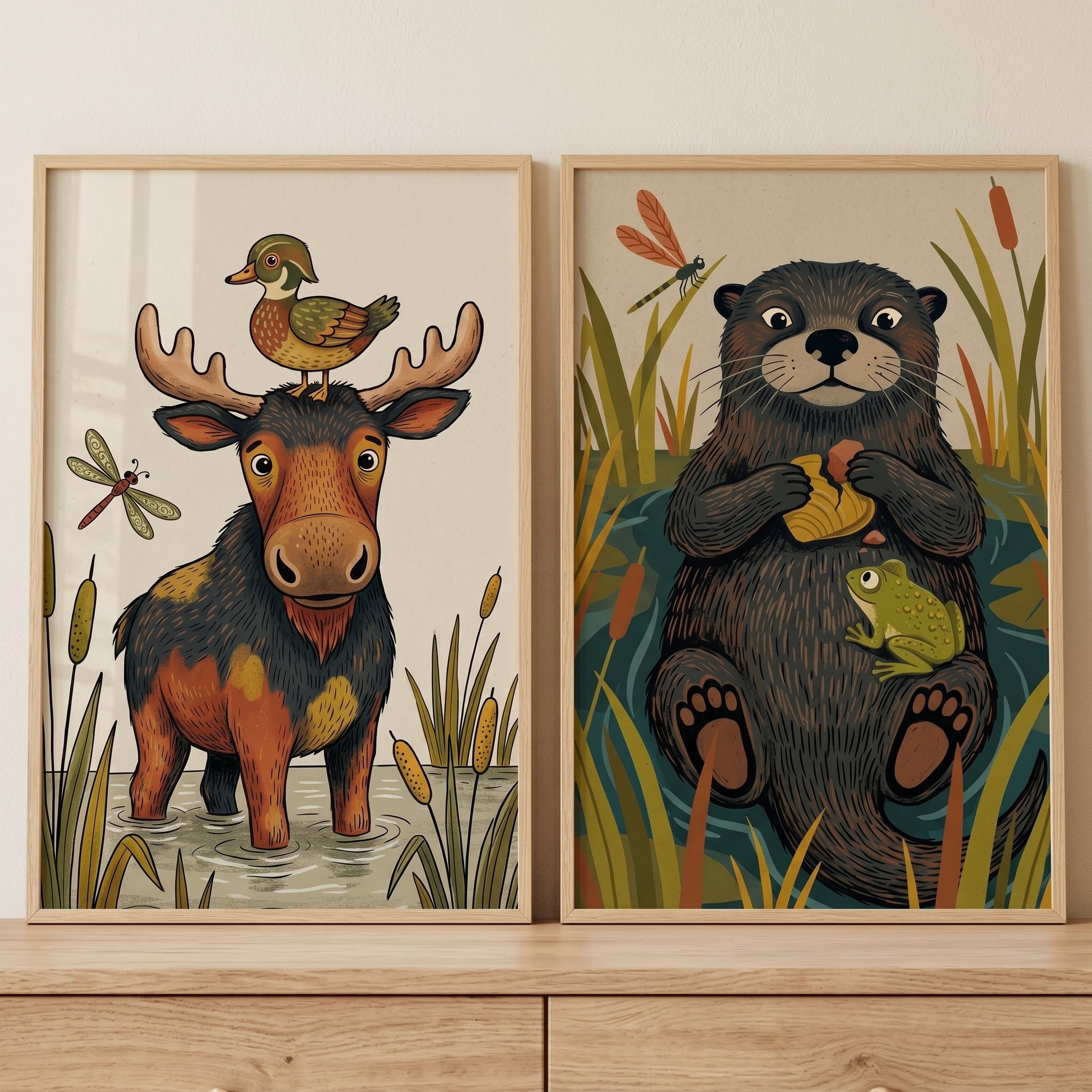 Vintage Folk Marsh Animals Wall Art Set of 2 - Wetland Animal Friends