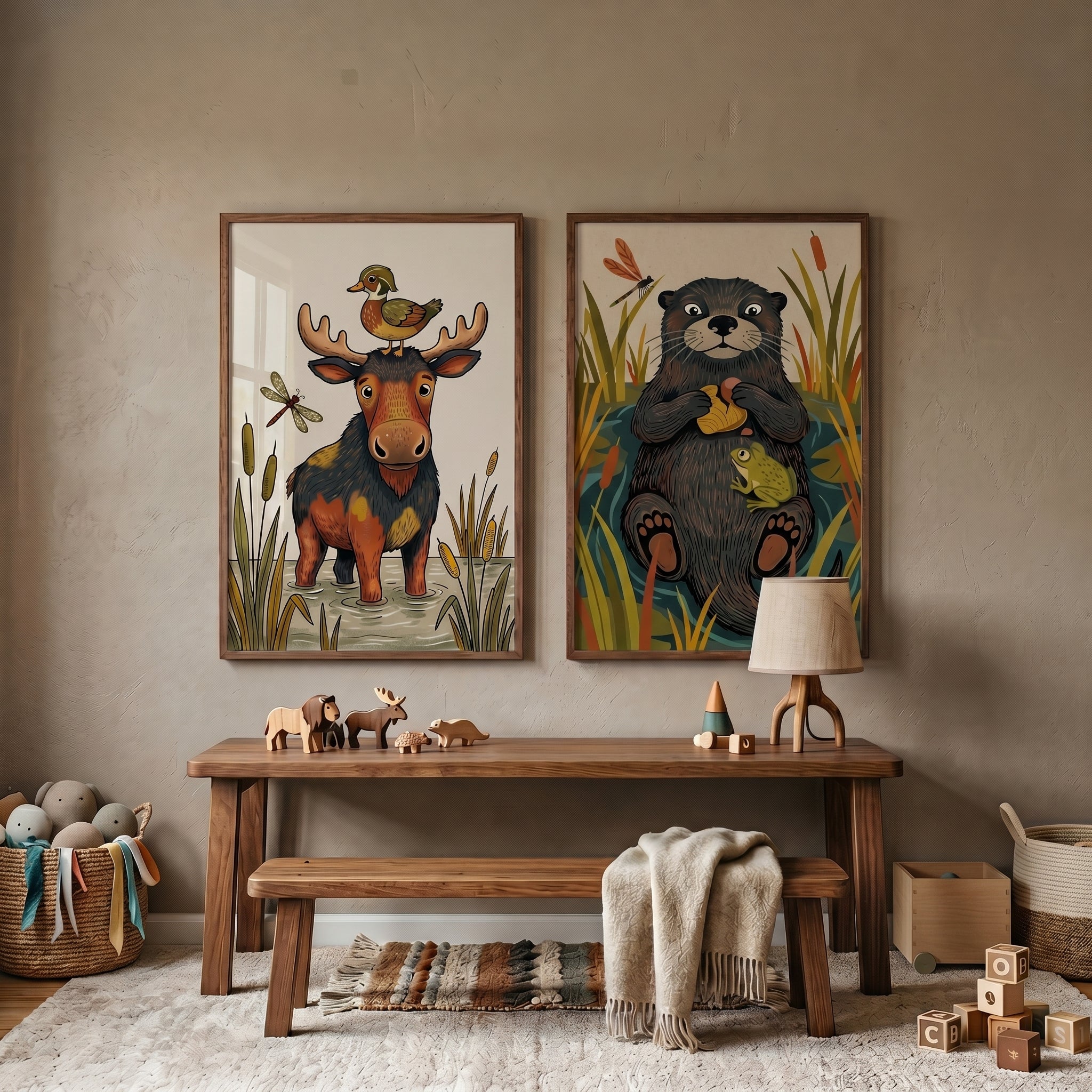 Vintage Folk Marsh Animals Wall Art Set of 2 - Wetland Animal Friends