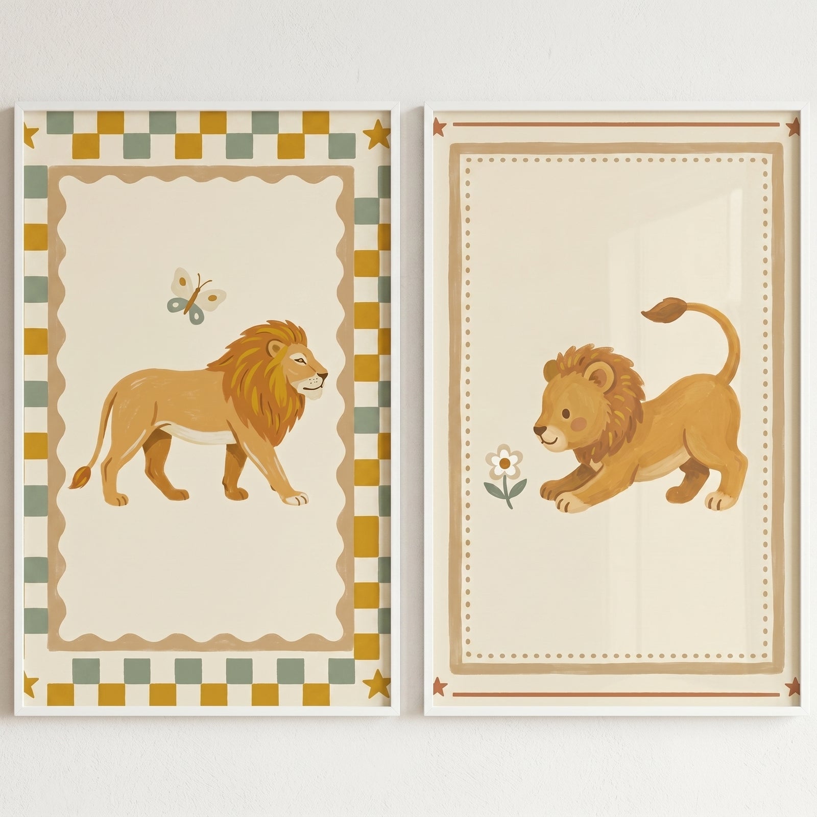Vintage folk ochre lion wall art set of 2 with a lion and cub in borders decorated with checkers, stars, and flowers.