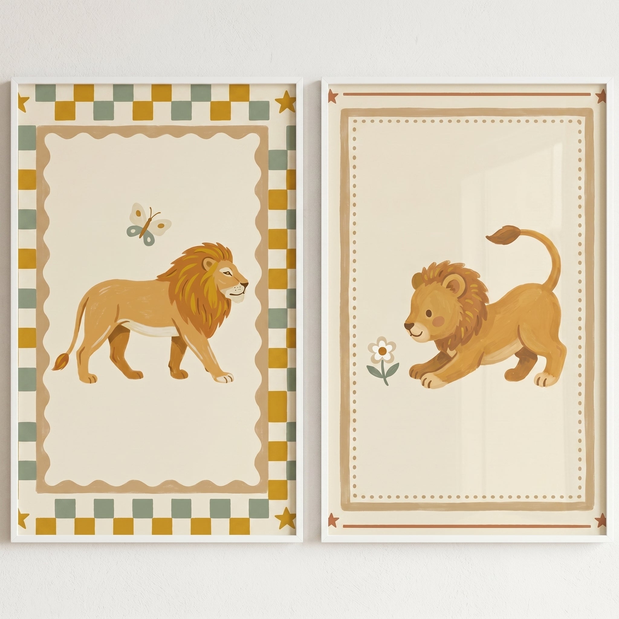 Vintage Folk Ochre Lion Wall Art Set of 2 - Golden Lion Duo