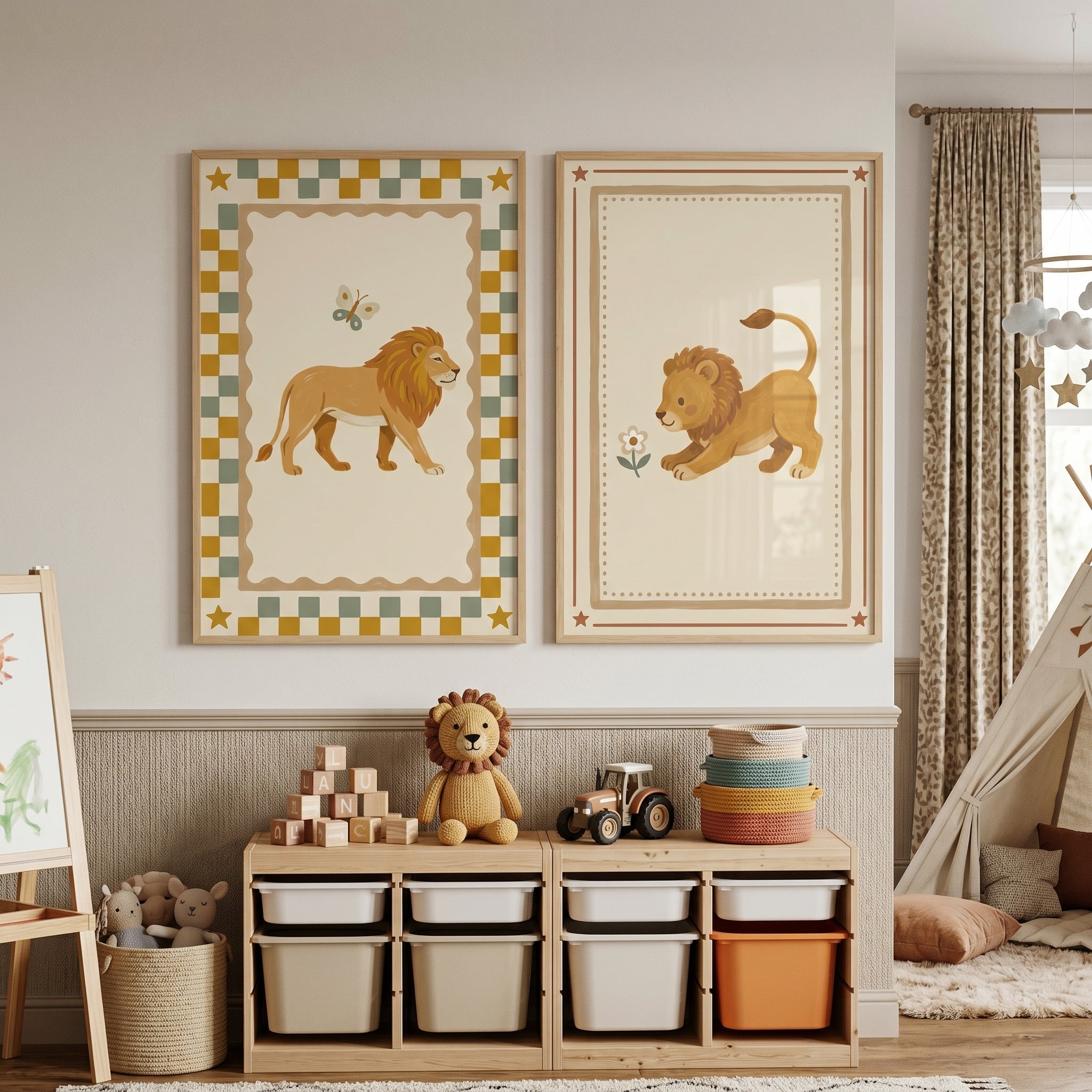 Vintage Folk Ochre Lion Wall Art Set of 2 - Golden Lion Duo