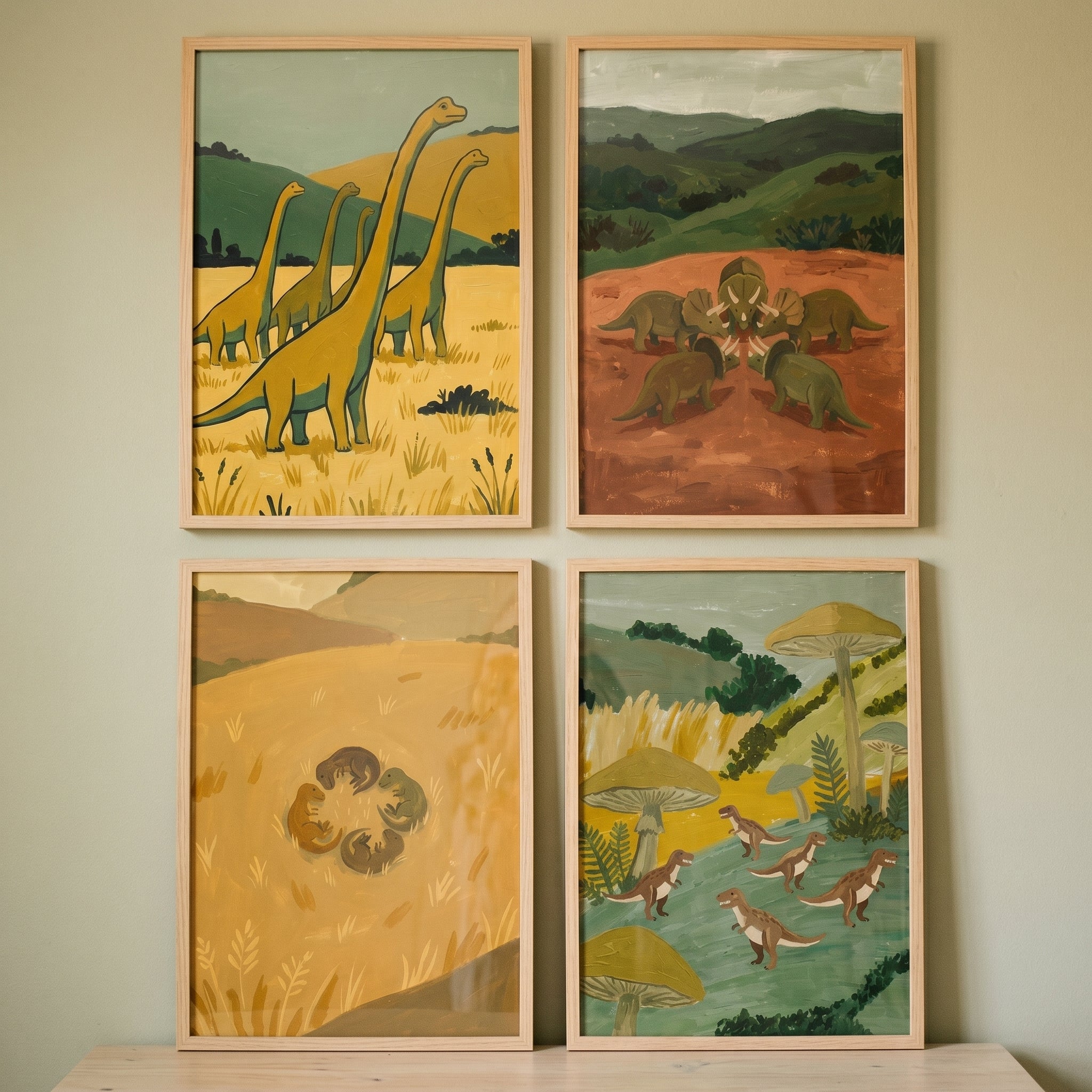 Vintage Folk Prehistoric Dinosaur Wall Art Set of 4 - Ancient Earth Life
