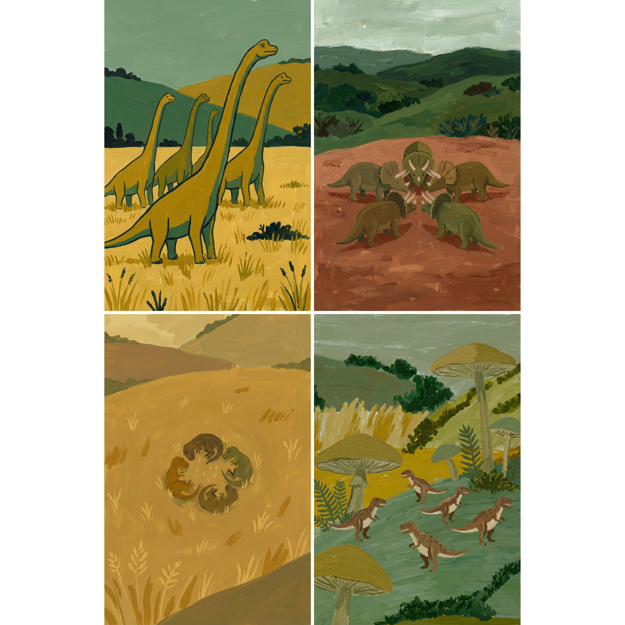 Vintage Folk Prehistoric Dinosaur Wall Art Set of 4 - Ancient Earth Life