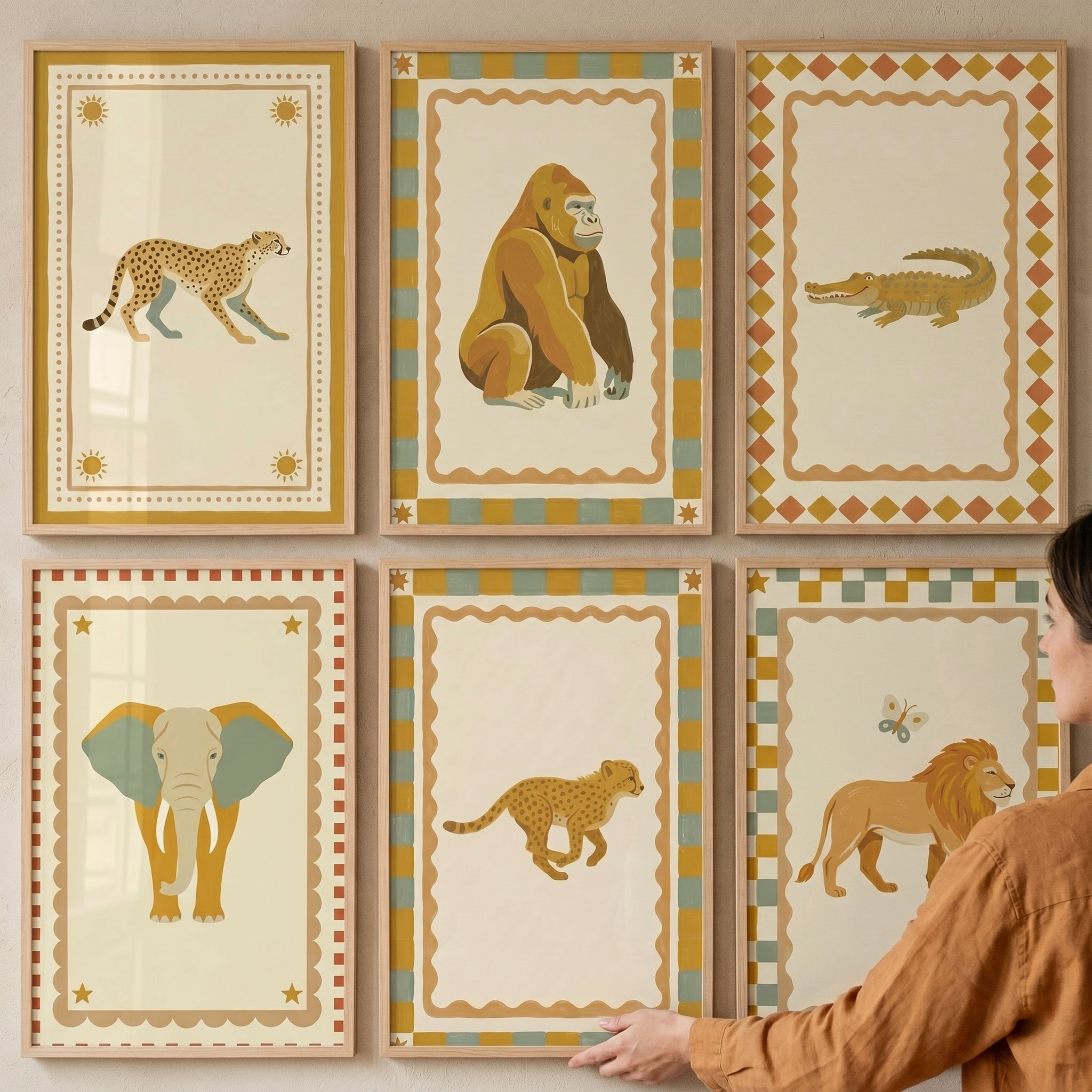 Vintage Folk Safari Animal Wall Art Set of 6 - Wild Safari Cards