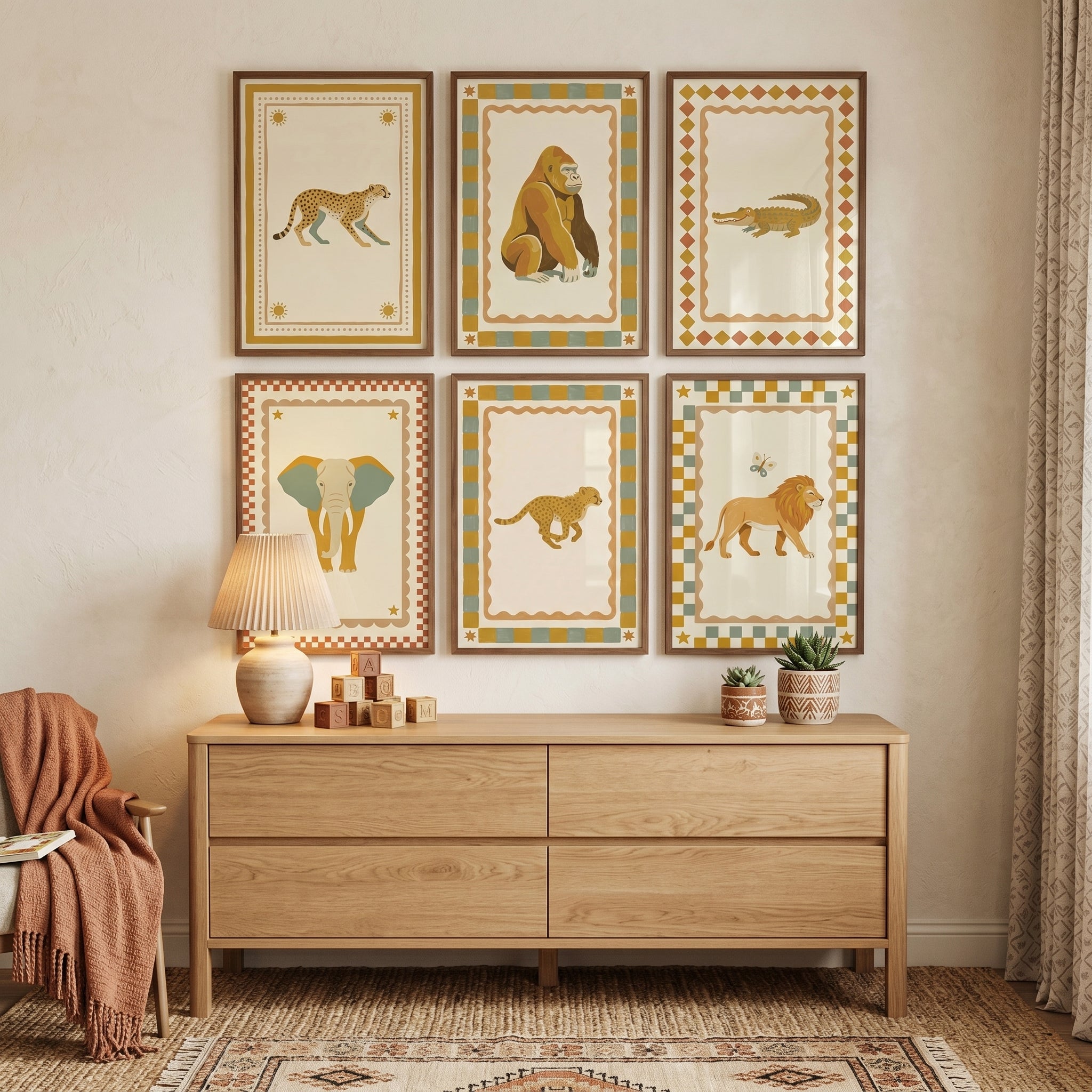 Vintage Folk Safari Animal Wall Art Set of 6 - Wild Safari Cards