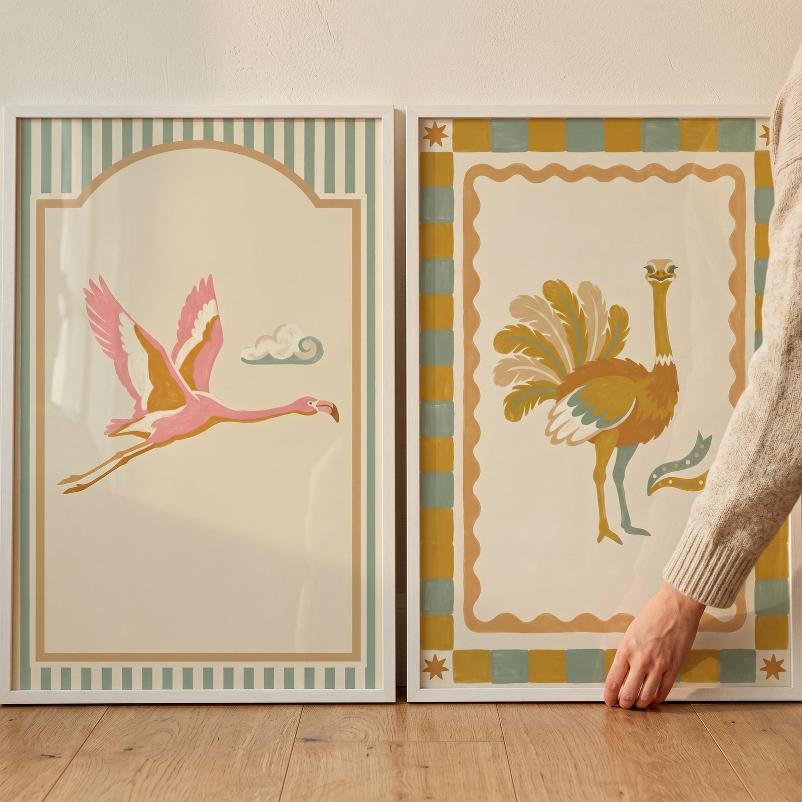 Vintage folk savanna bird wall art set of 2 featuring a pink flamingo and ostrich in white frames.