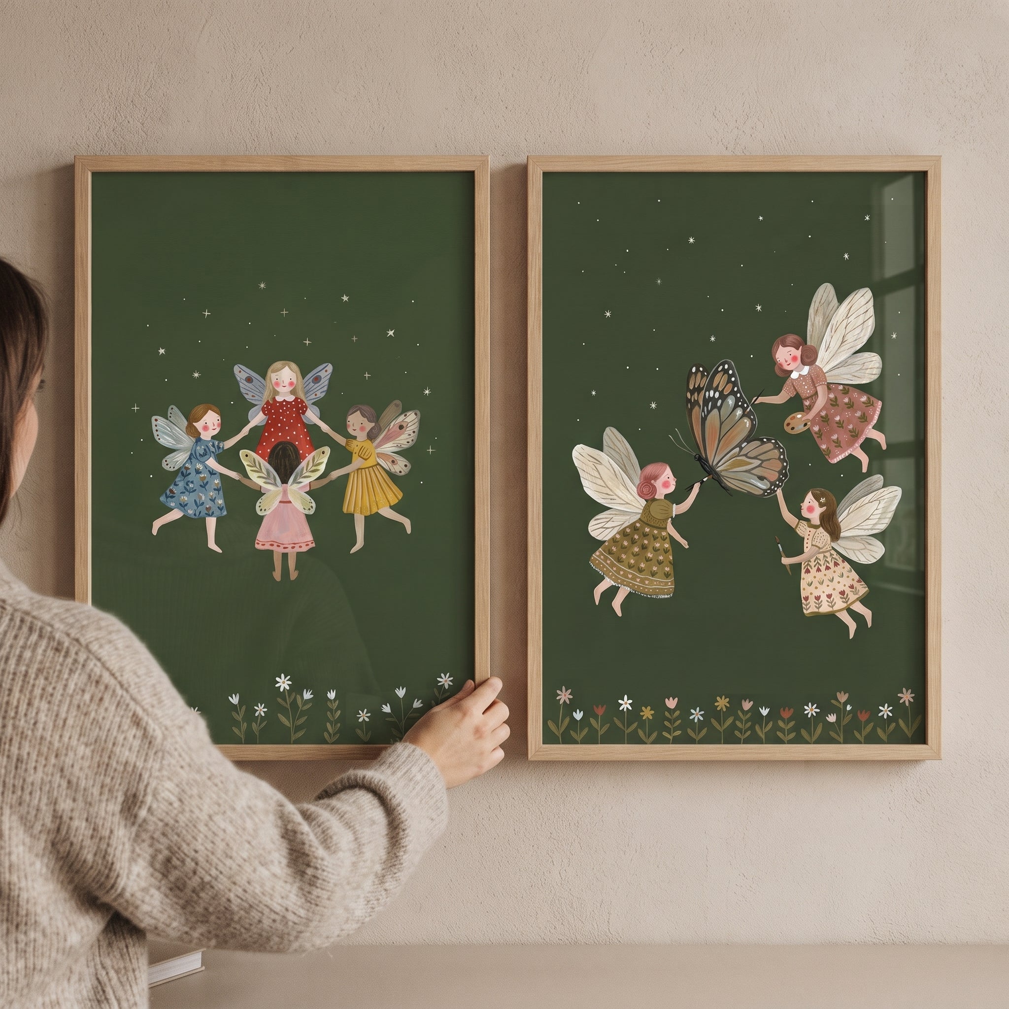 Vintage Folk Winged Fairies Wall Art Set of 2 - Midnight Fairy Magic
