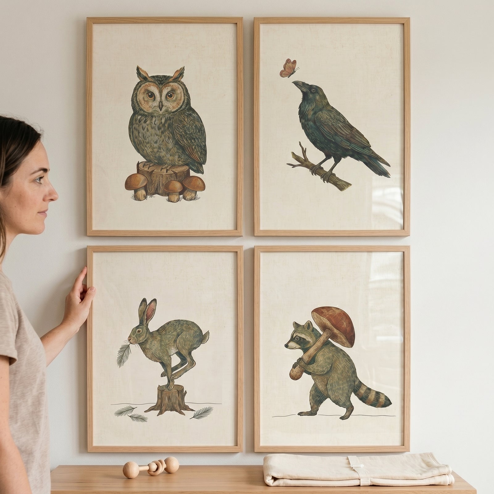 Woman hangs a vintage folk woodland animals wall art set of 4 featuring an owl, crow, rabbit, and raccoon in wood frames.