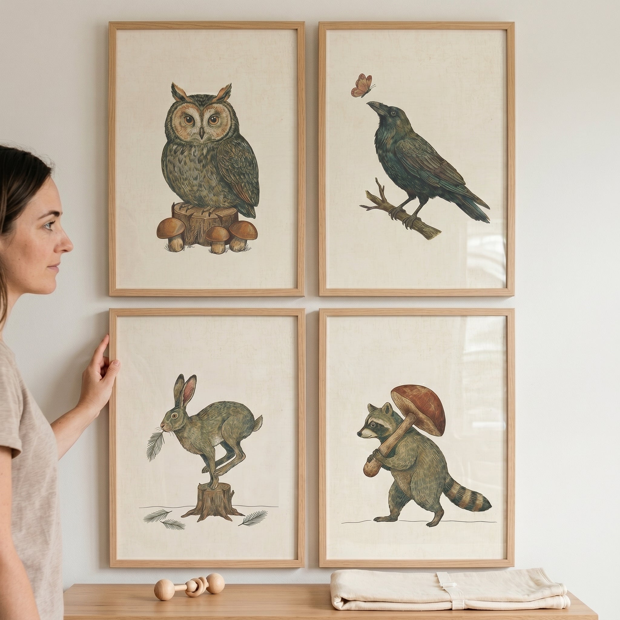 Vintage Folk Woodland Animals Wall Art Set of 4 - Woodland Storybook Sketches