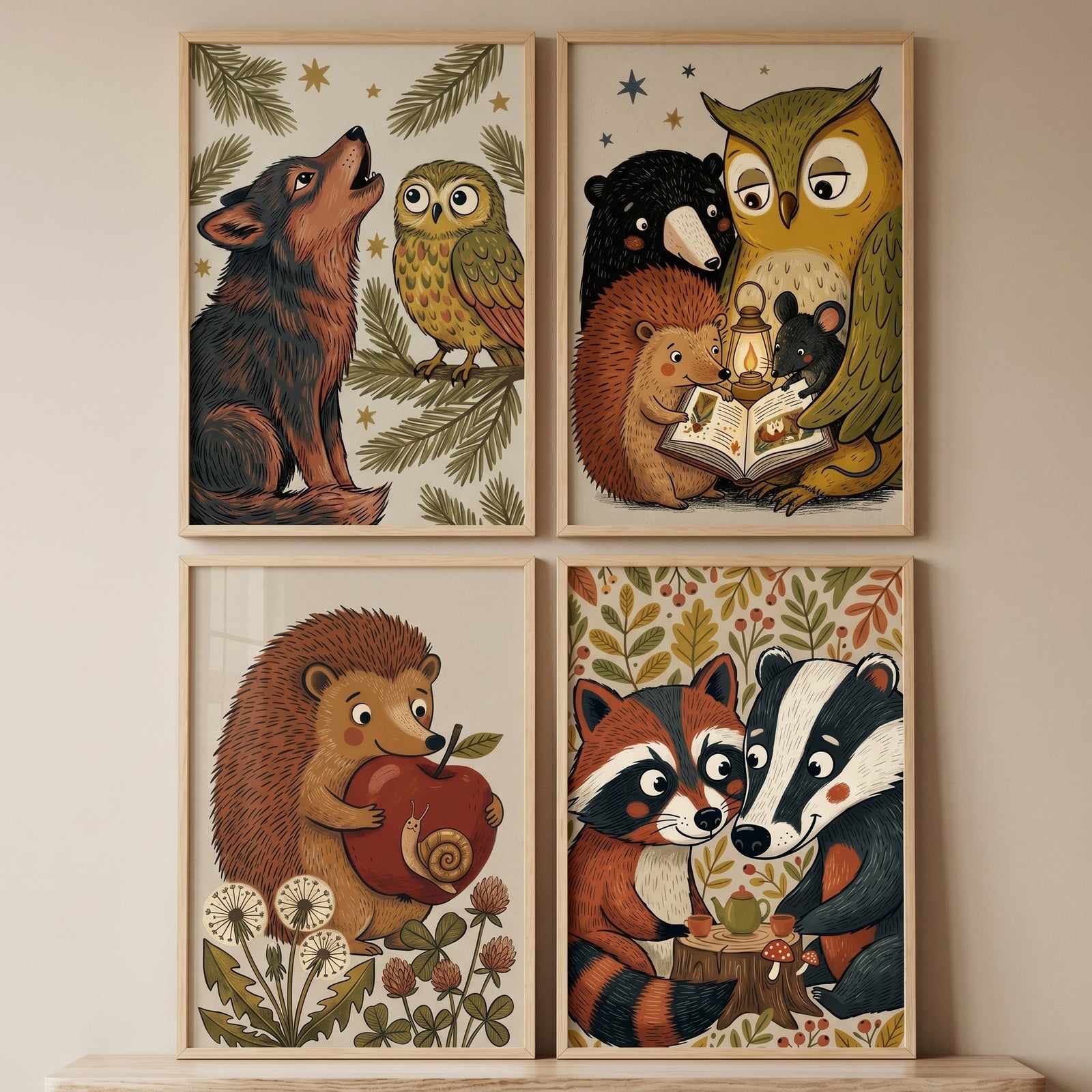 Vintage folk woodland animals wall art set of 4 with a howling wolf, owls reading, a hedgehog, and a raccoon tea party.