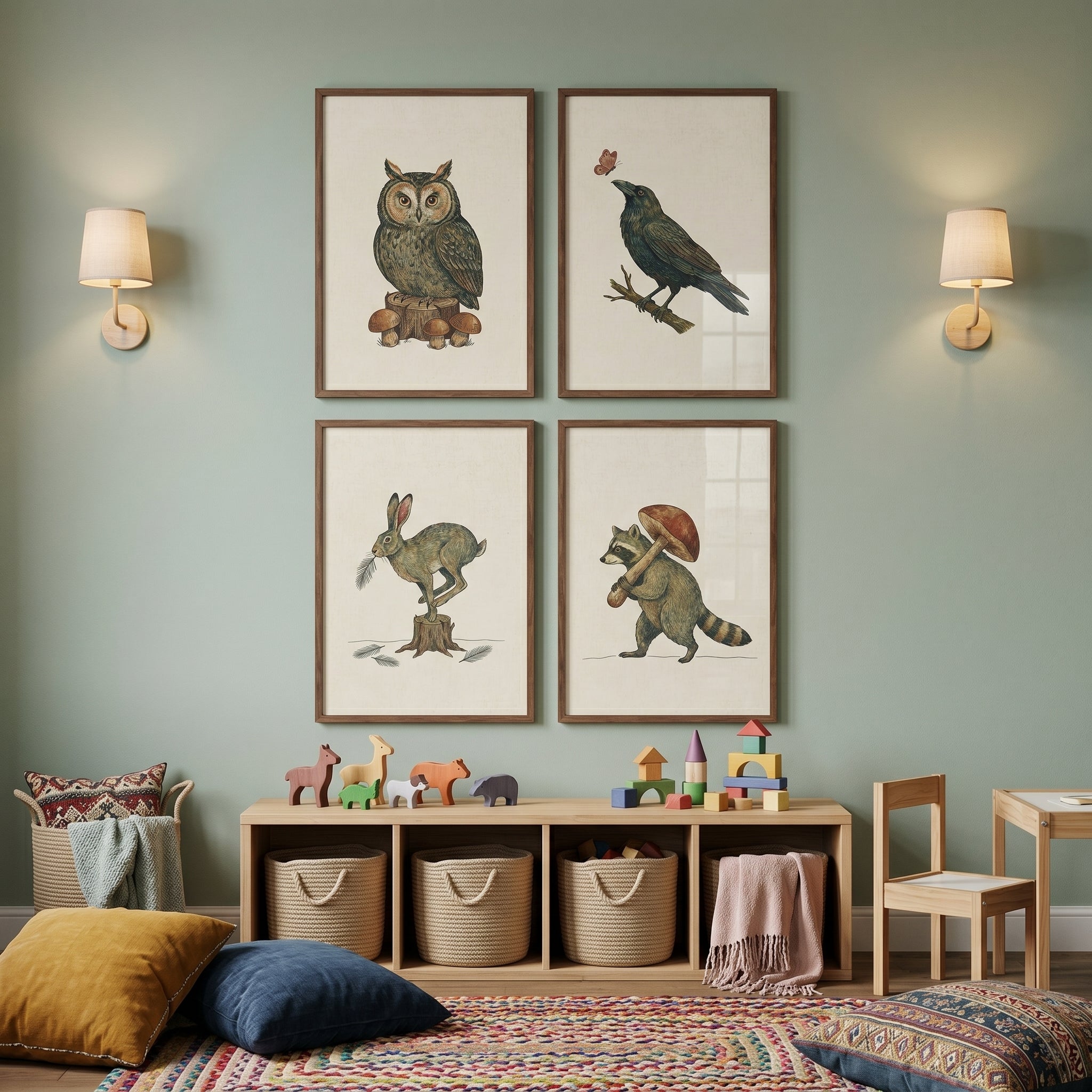 Vintage Folk Woodland Animals Wall Art Set of 4 - Woodland Storybook Sketches