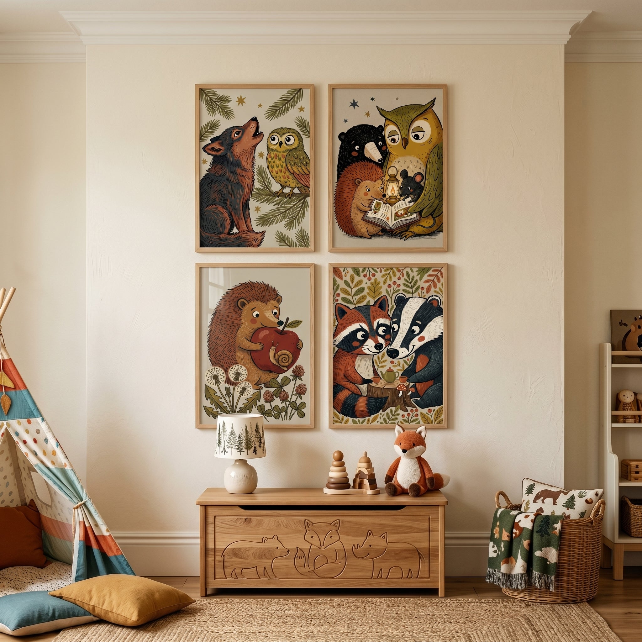 Vintage Folk Woodland Animals Wall Art Set of 4 - Woodland Story Time
