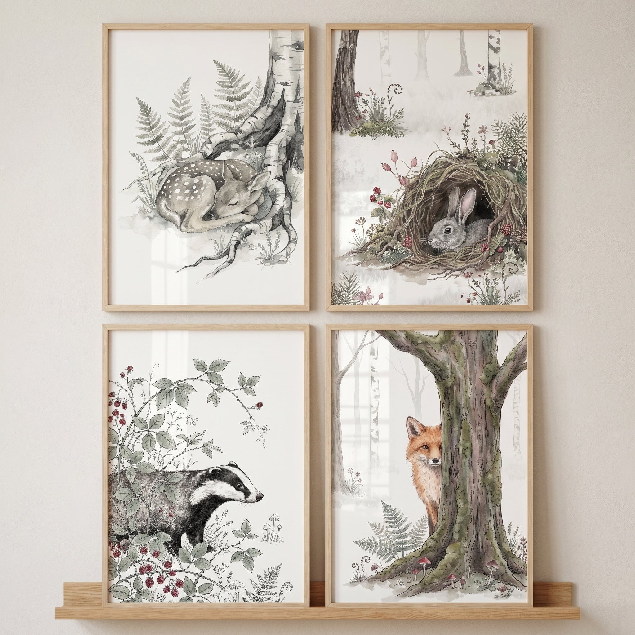 Vintage Forest Animals Artwork Set of 4 - Secret Forest Friends