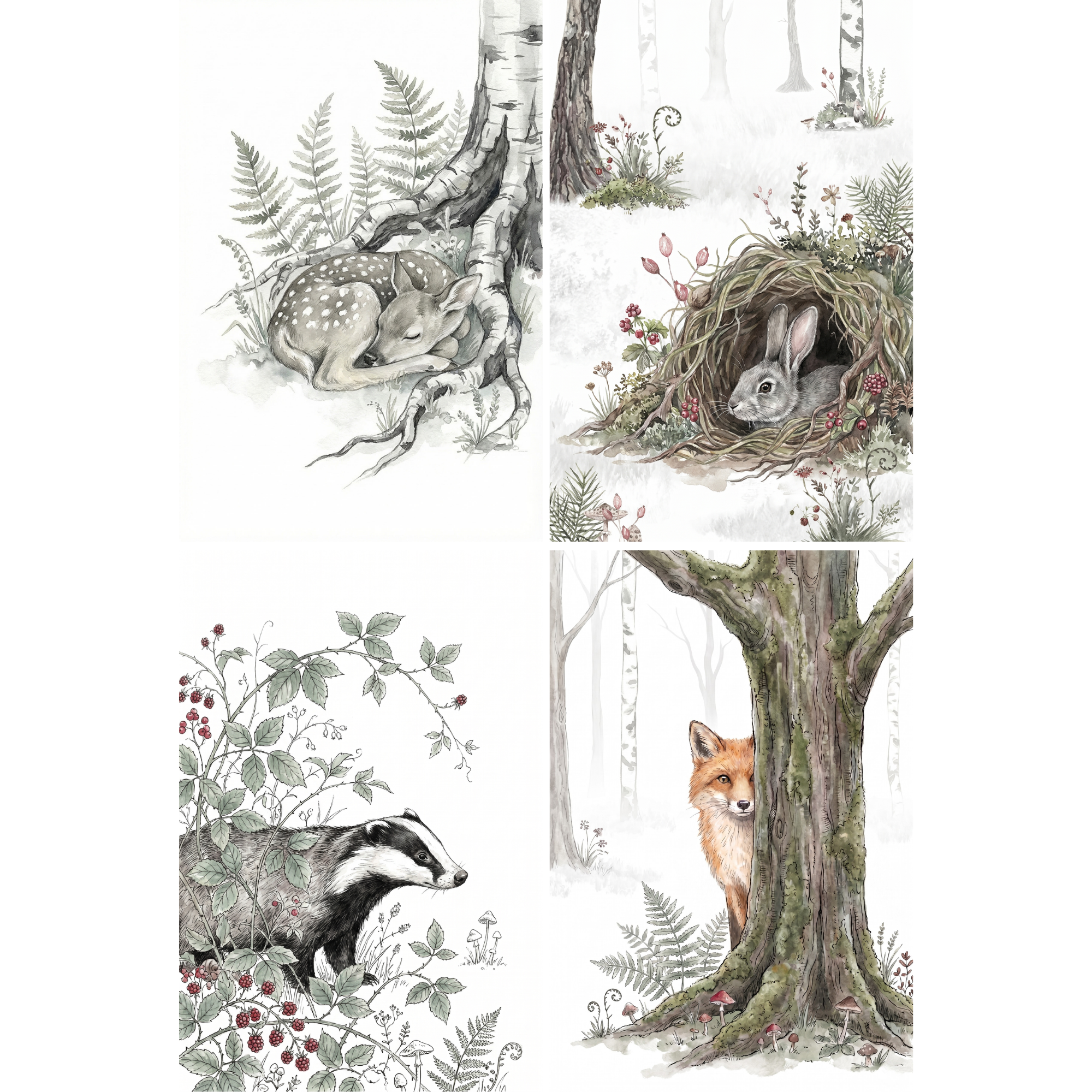 Vintage Forest Animals Artwork Set of 4 - Secret Forest Friends