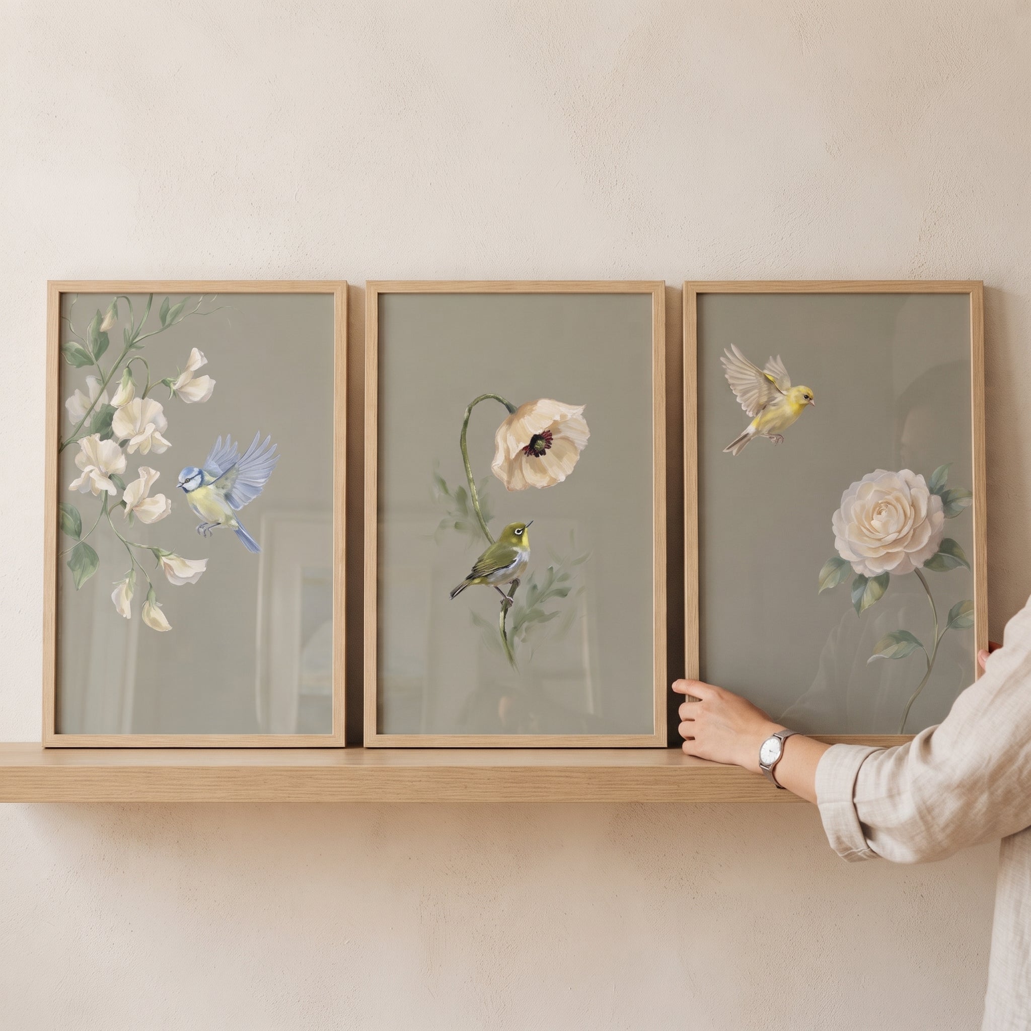Vintage Garden Floral Bird Wall Art Set of 3 - Garden Bird Trio