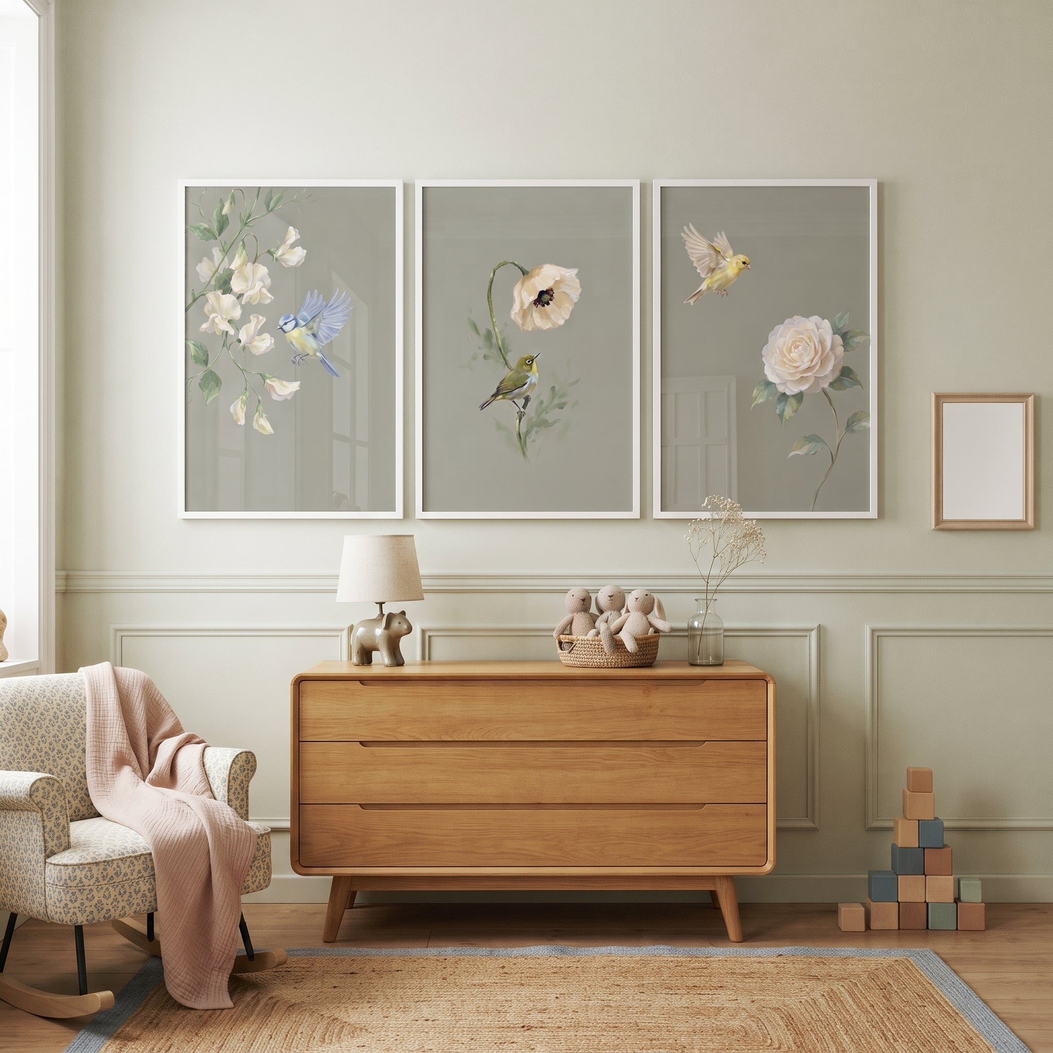 Vintage Garden Floral Bird Wall Art Set of 3 - Garden Bird Trio