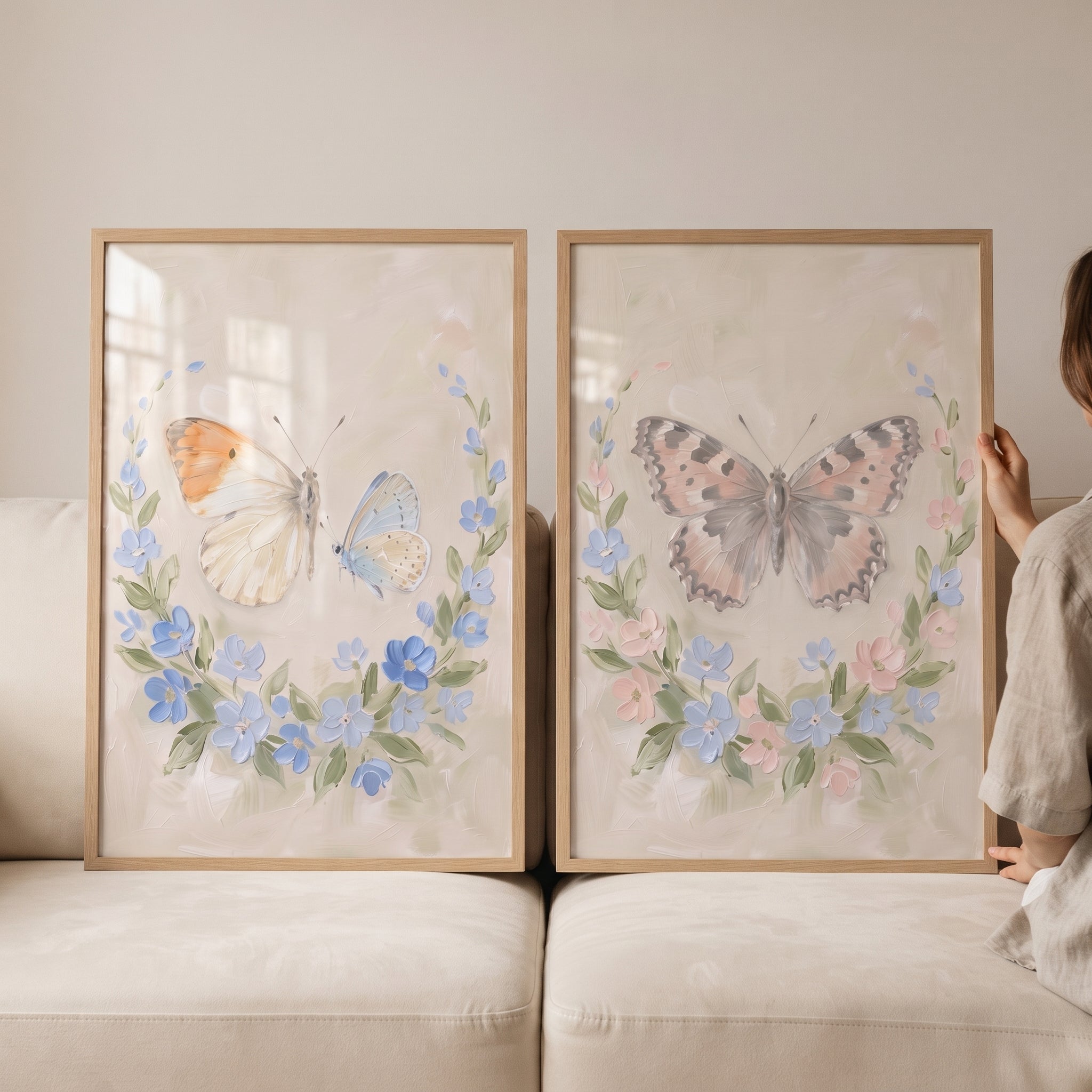 Vintage Garden Floral Butterfly Artwork Set of 2 - Ethereal Garden Flight