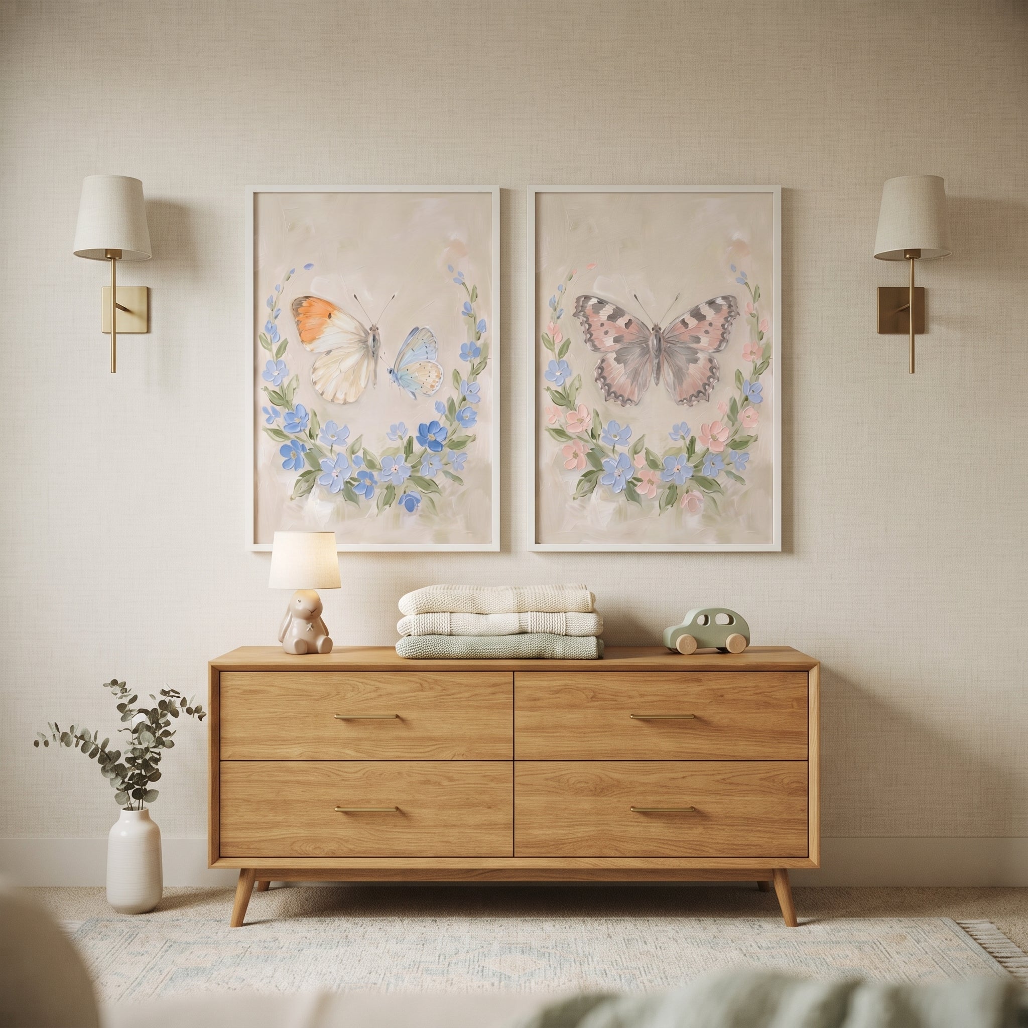 Vintage Garden Floral Butterfly Artwork Set of 2 - Ethereal Garden Flight